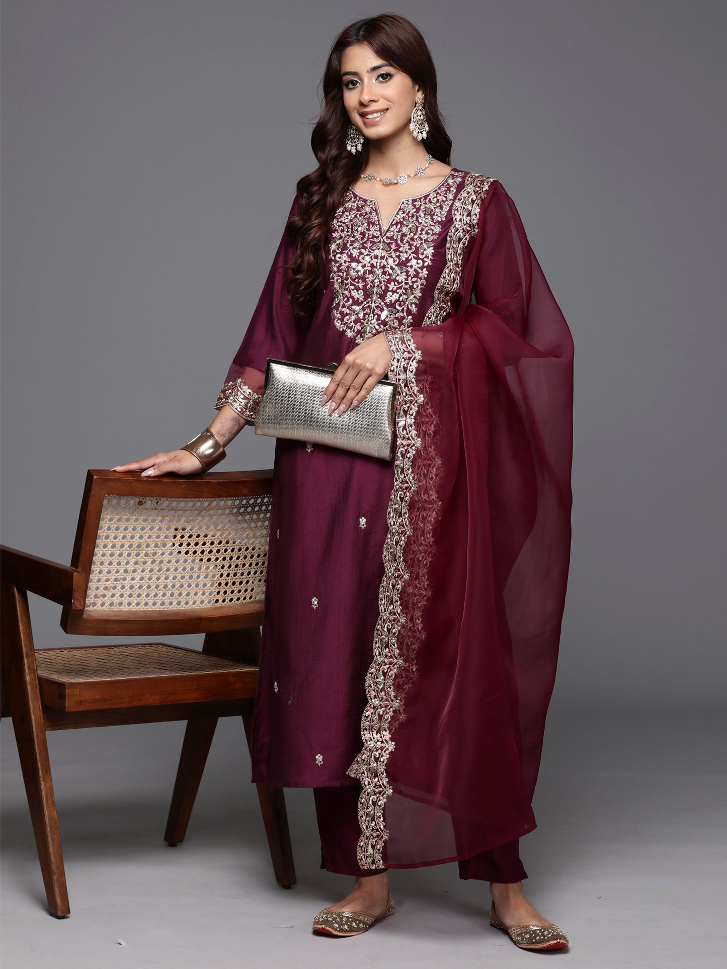 IE Purple Embroidered Straight Kurta Trousers With Dupatta Set