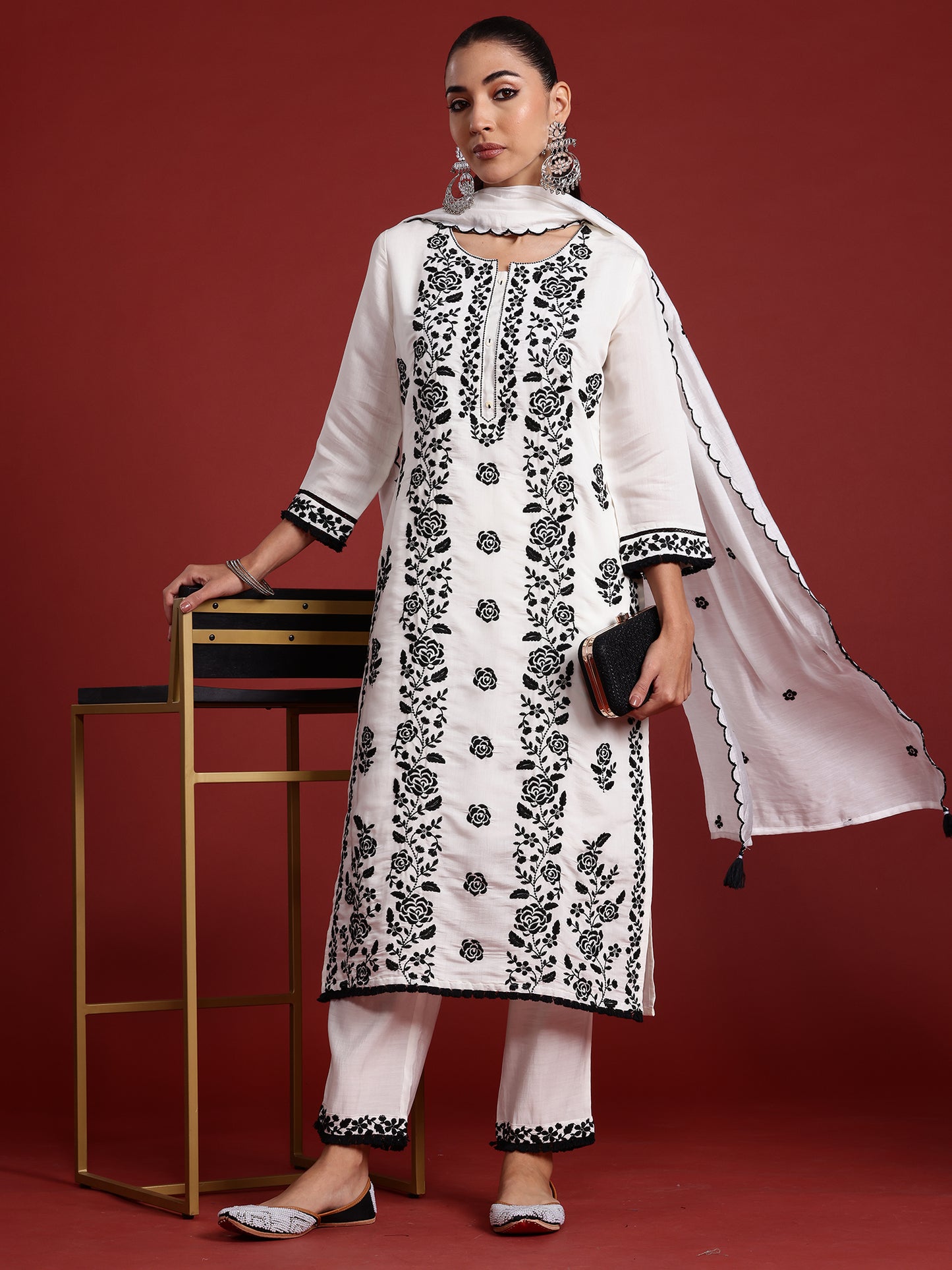 IE White Embroidered Straight Kurta Trousers With Dupatta  Set