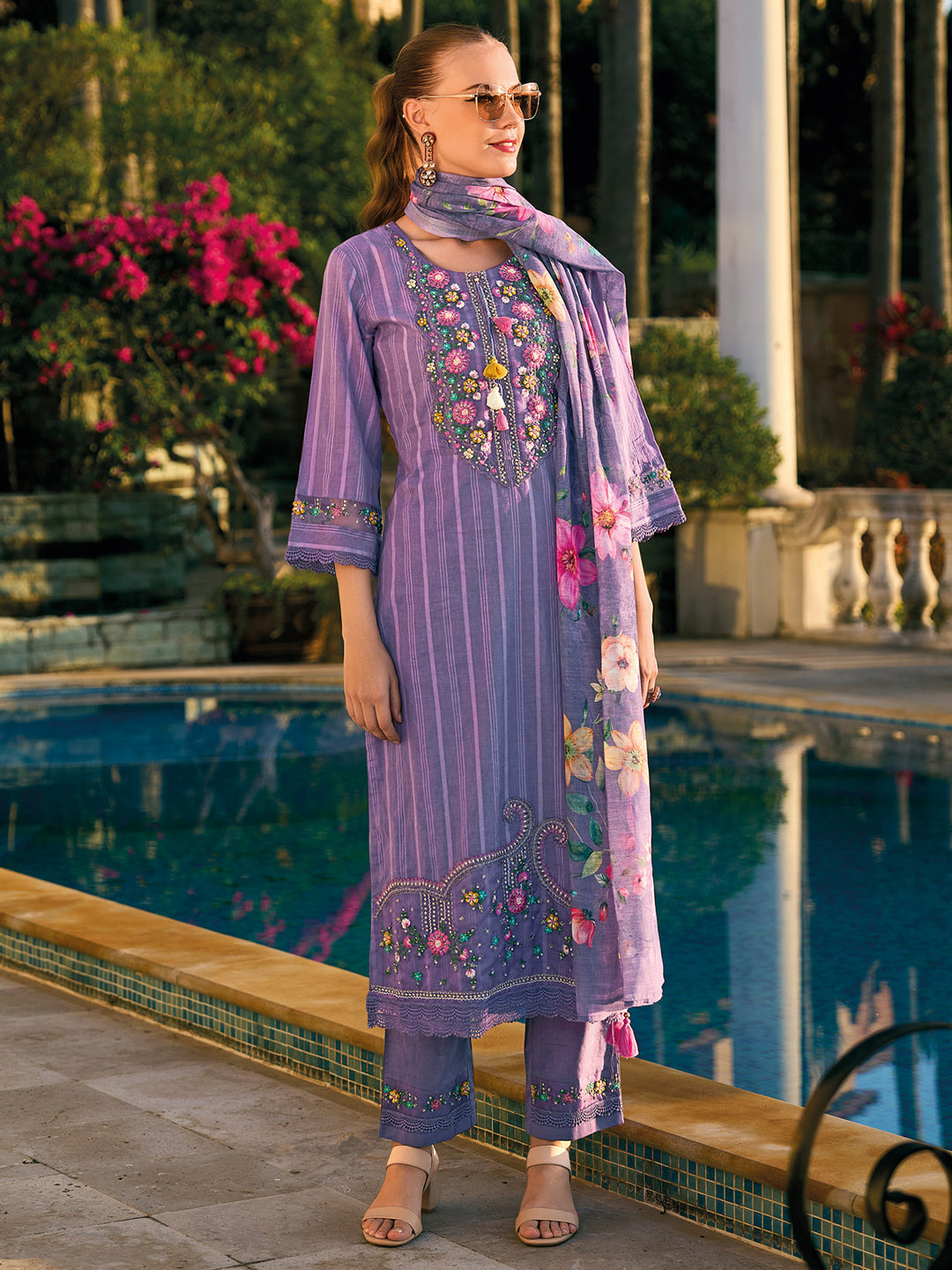 IE Purple Embroidered Straight Kurta Trousers With Dupatta set