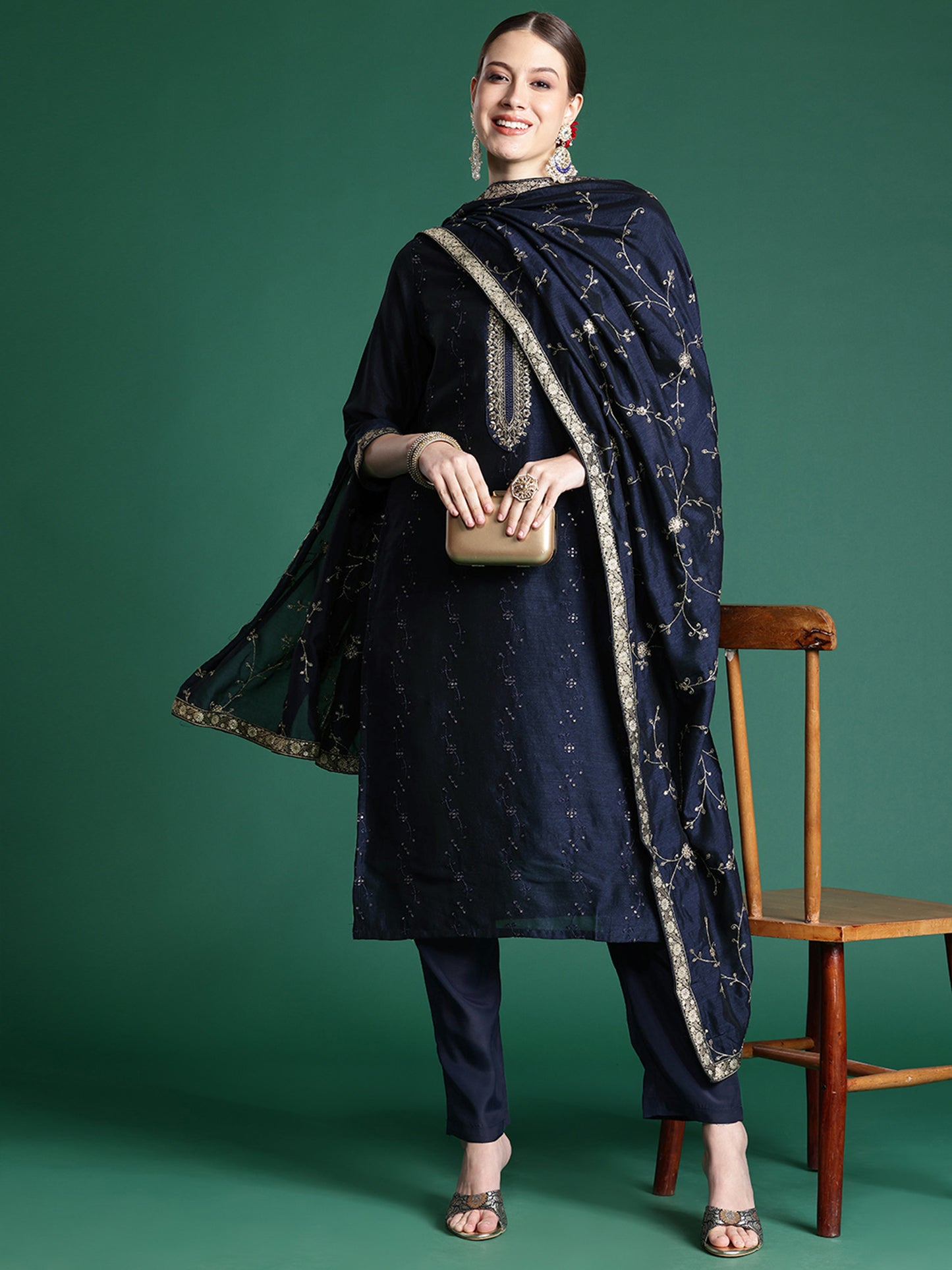 IE Blue Embroidered Straight Kurta Trousers With Dupatta set