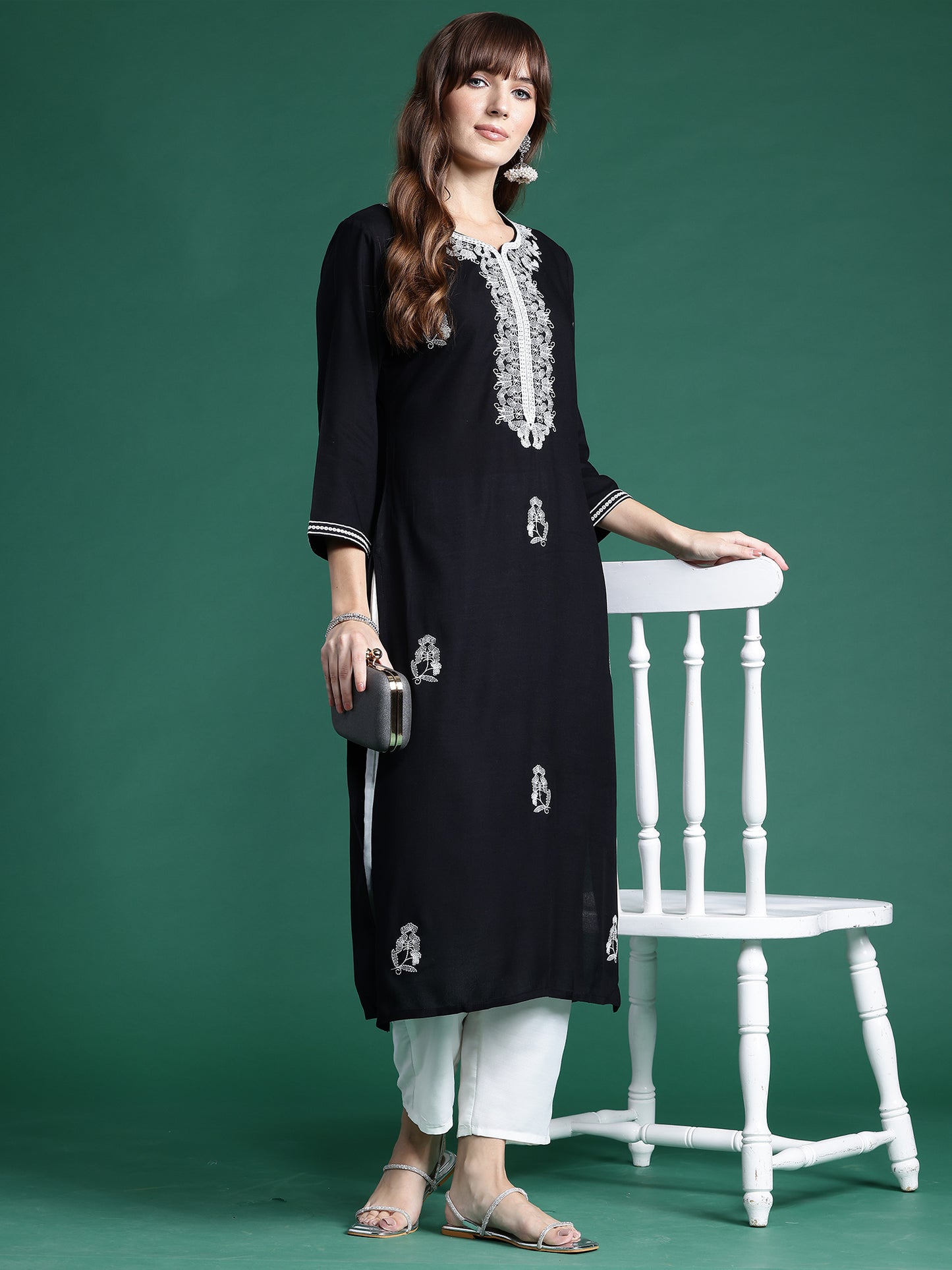 IE Black Embroidered Straight Kurtas