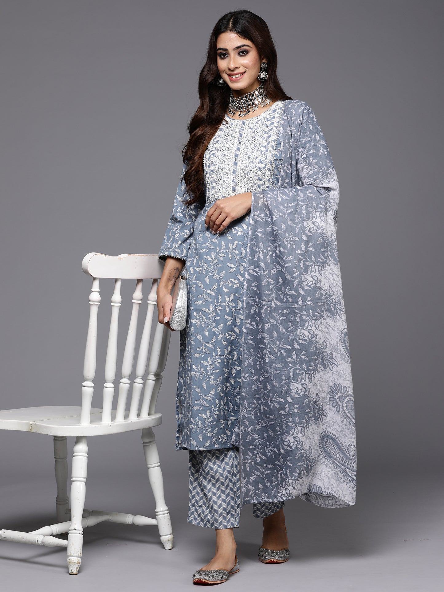 IE Grey Embroidered Straight Kurta Trousers With Dupatta Set