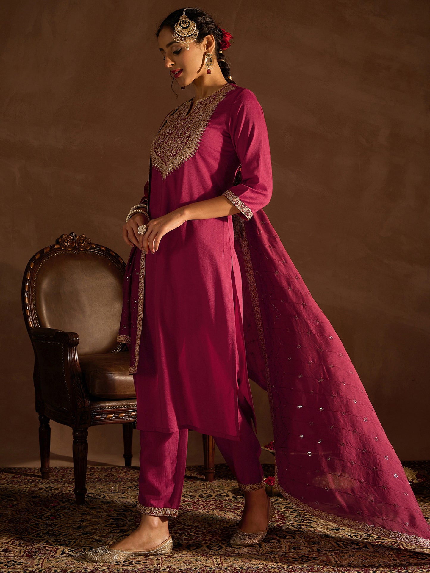 IE Red Embroidered Straight Kurta Trousers With Dupatta set