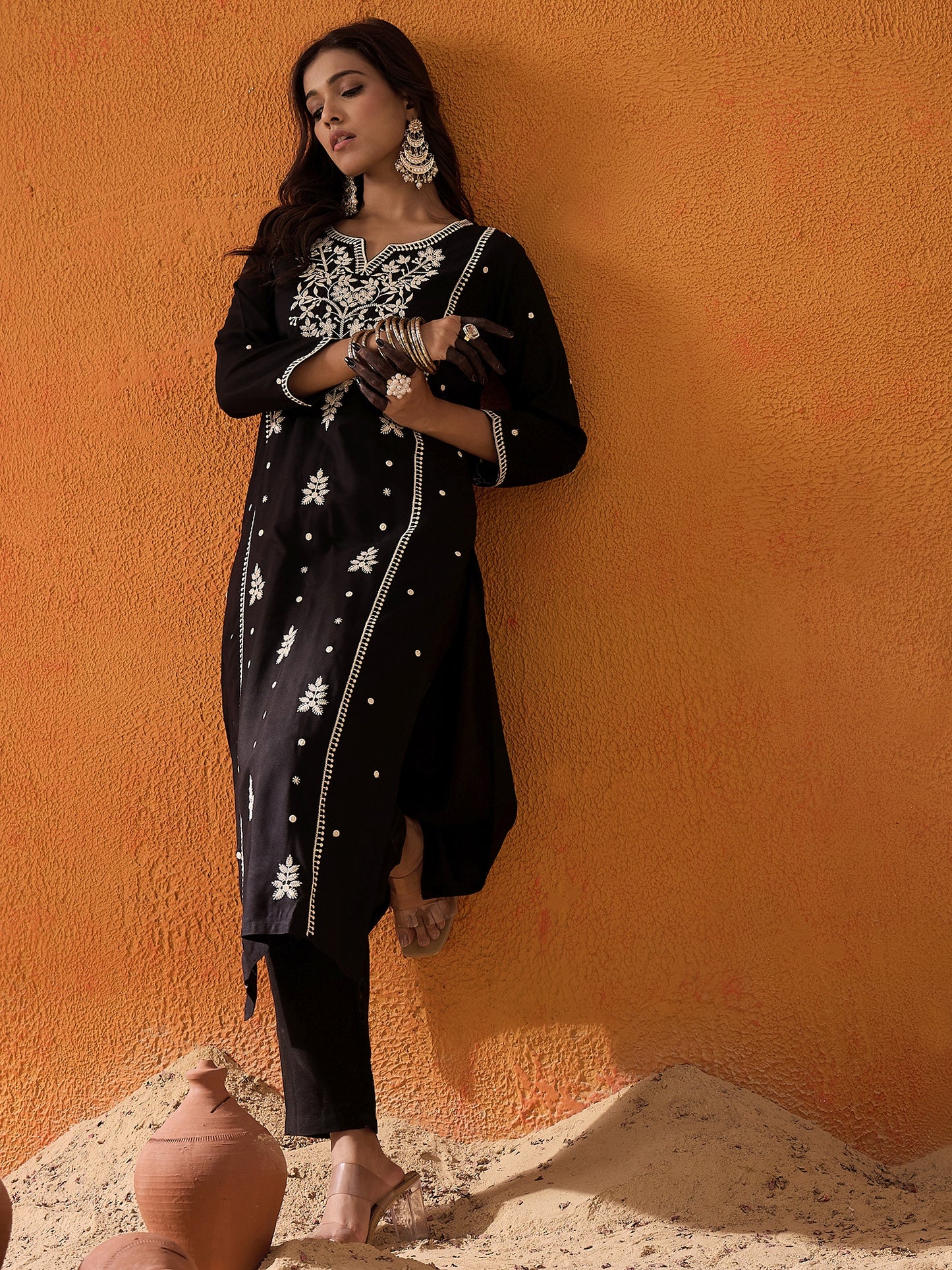 IE Black Embroidered Straight Kurtas