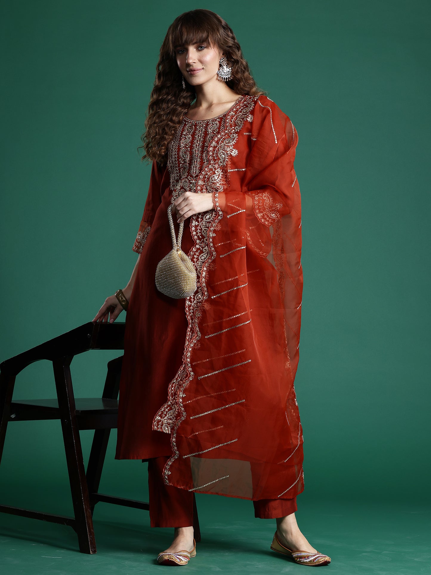 IE Rust Embroidered Straight Kurta Trousers With Dupatta set