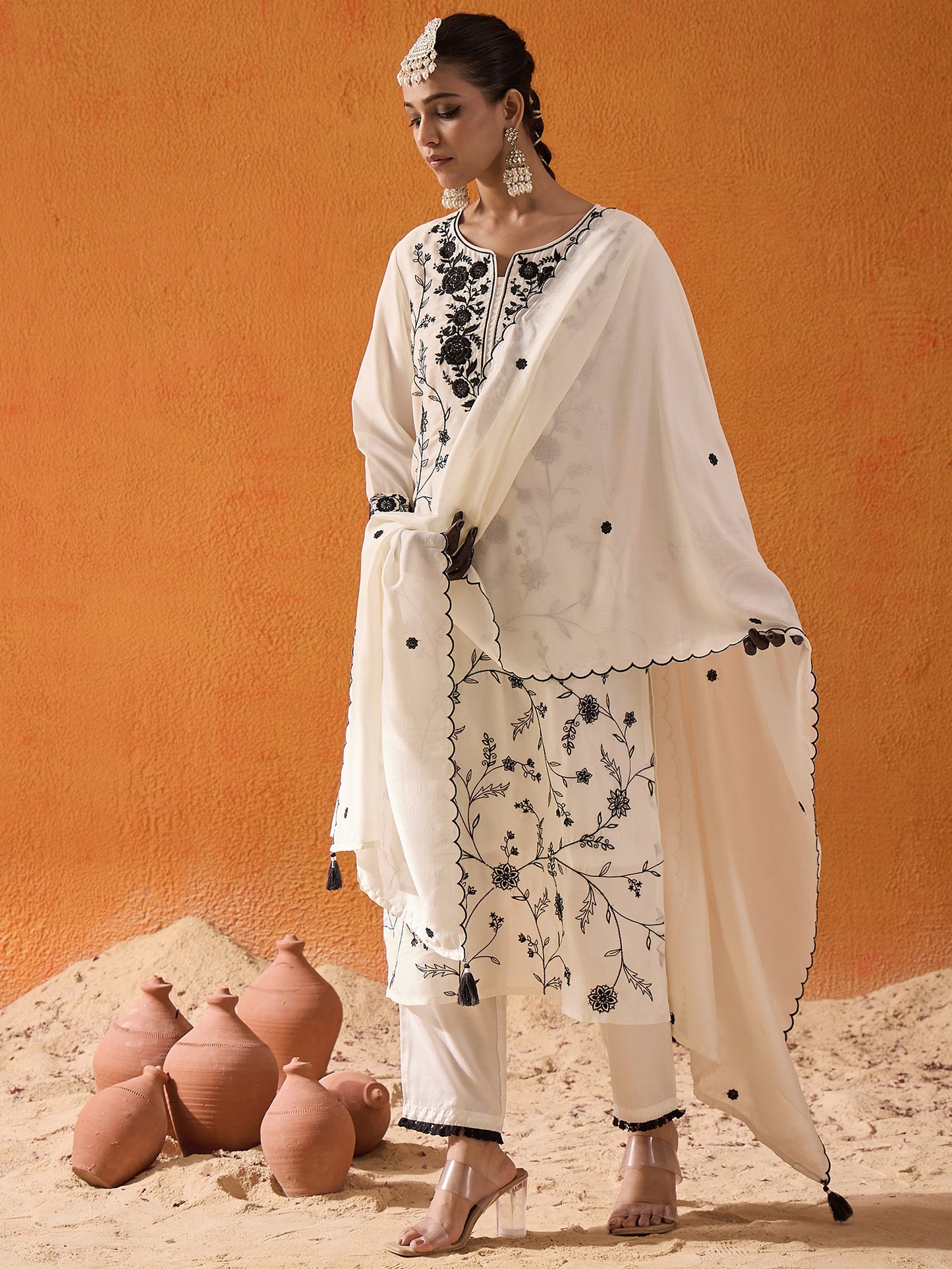 IE White Straight Embroidered Kurta Trousers With Dupatta Set