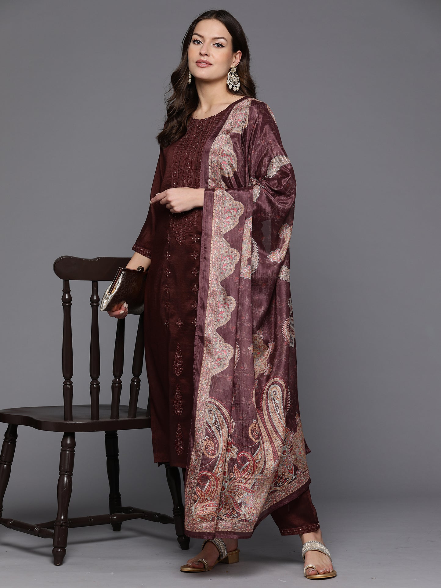 IE Burgundy Embroidered Straight Kurta Trousers With Dupatta set