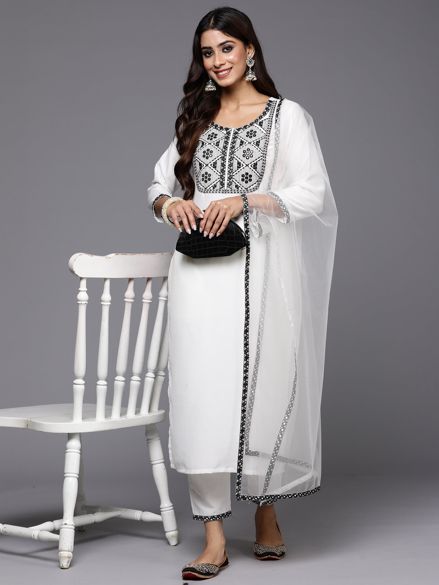 IE White Embroidered Straight Kurta Trousers With Dupatta Set