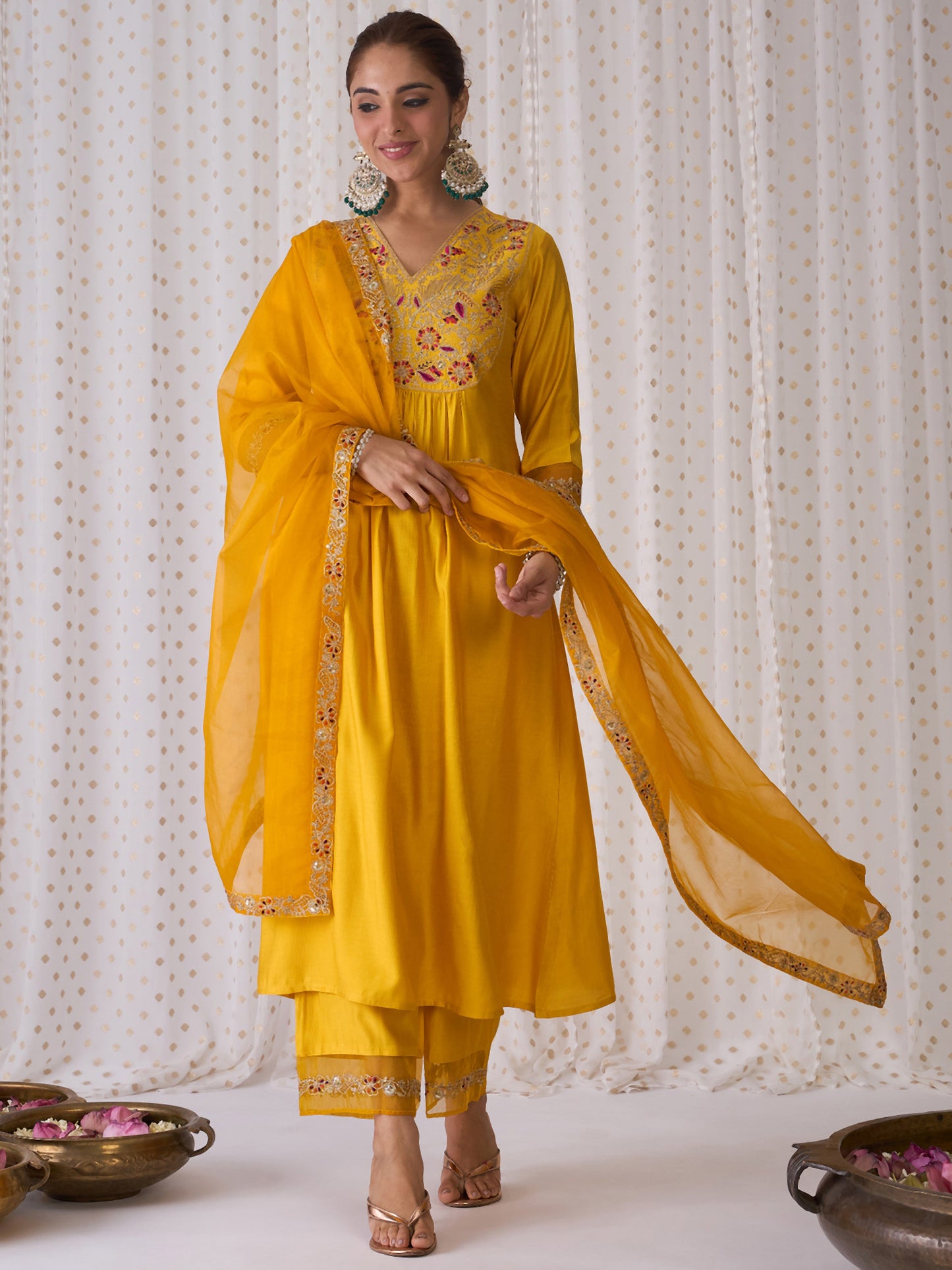 IE Yellow Embroidered A-Line Kurta Palazzos With Dupatta set