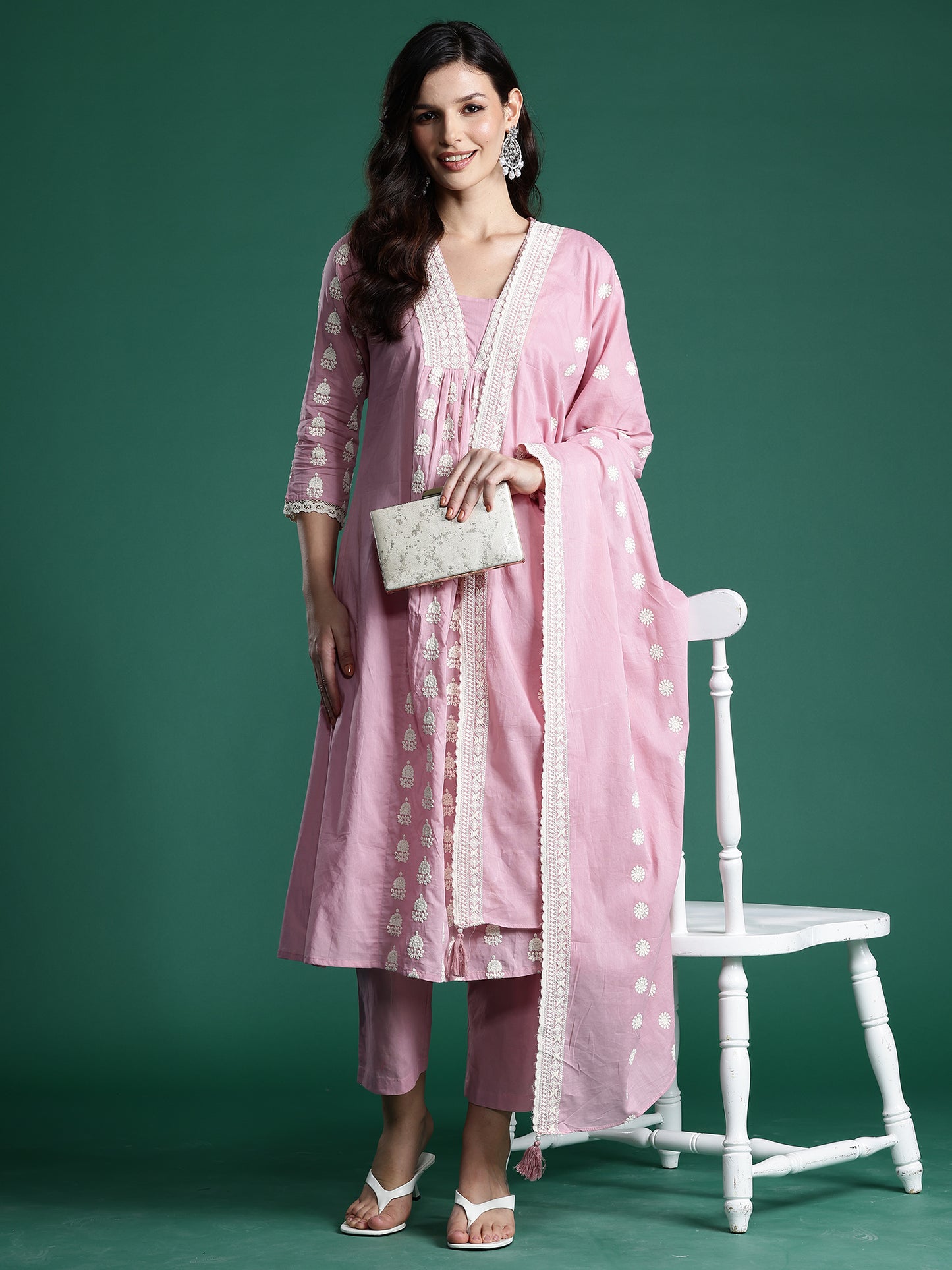 IE Pink Embroidered A-Line Kurta Trousers With Dupatta set