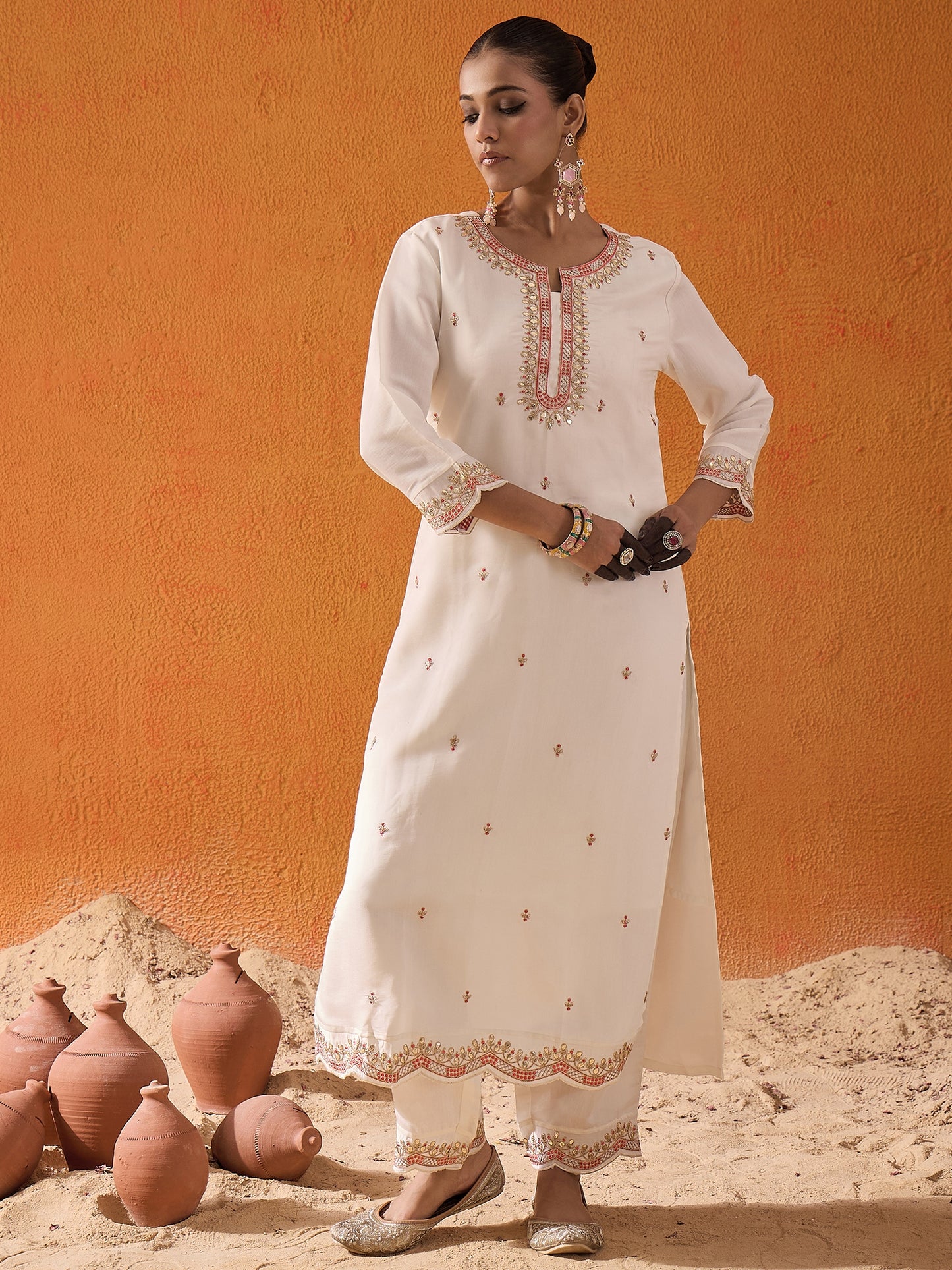 IE White Embroidered Straight Kurta Trousers With Dupatta set