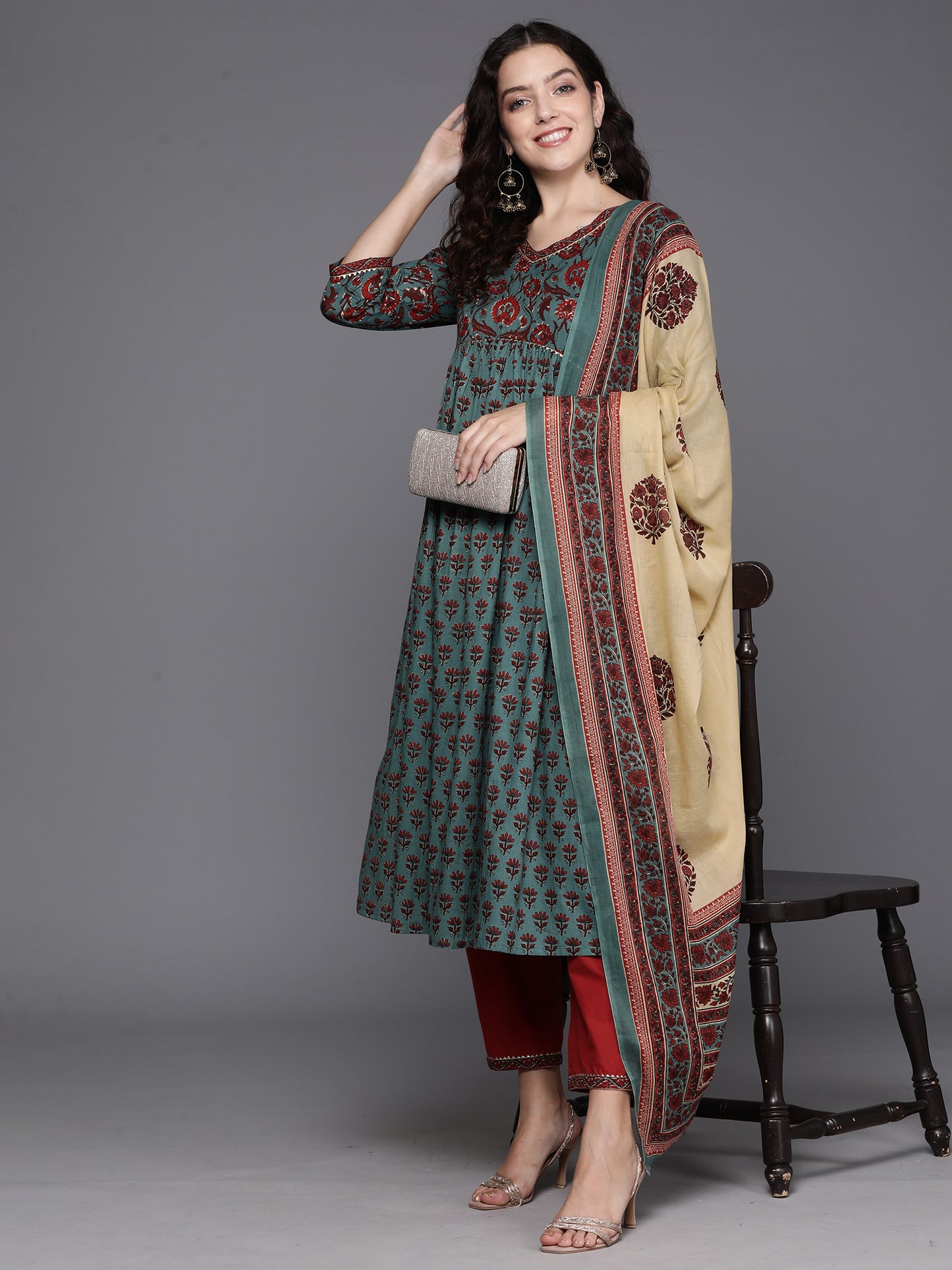 IE Teal Printed A-Line Kurta Trousers With Dupatta Set