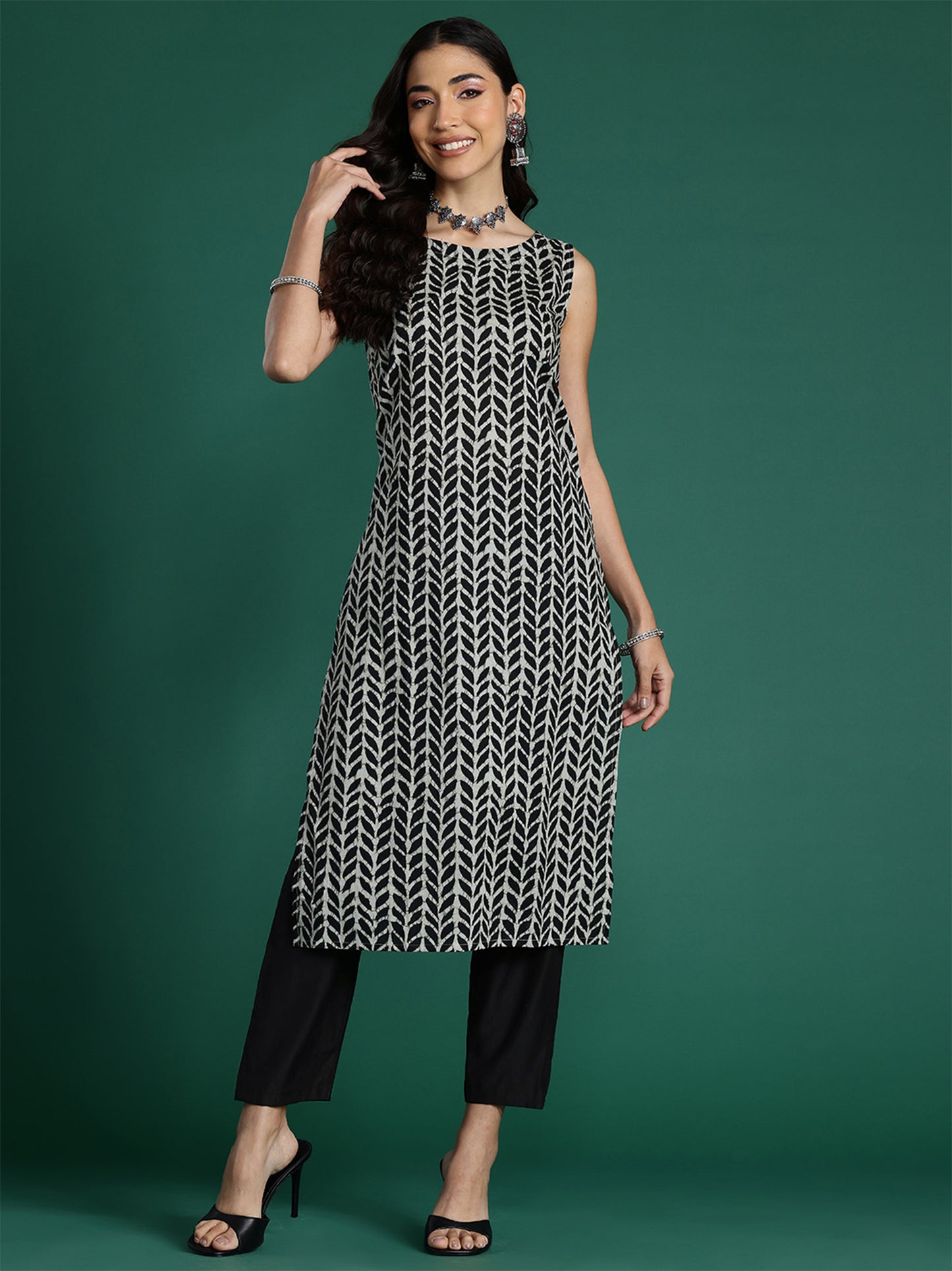 IE Black Printed Straight Kurtas