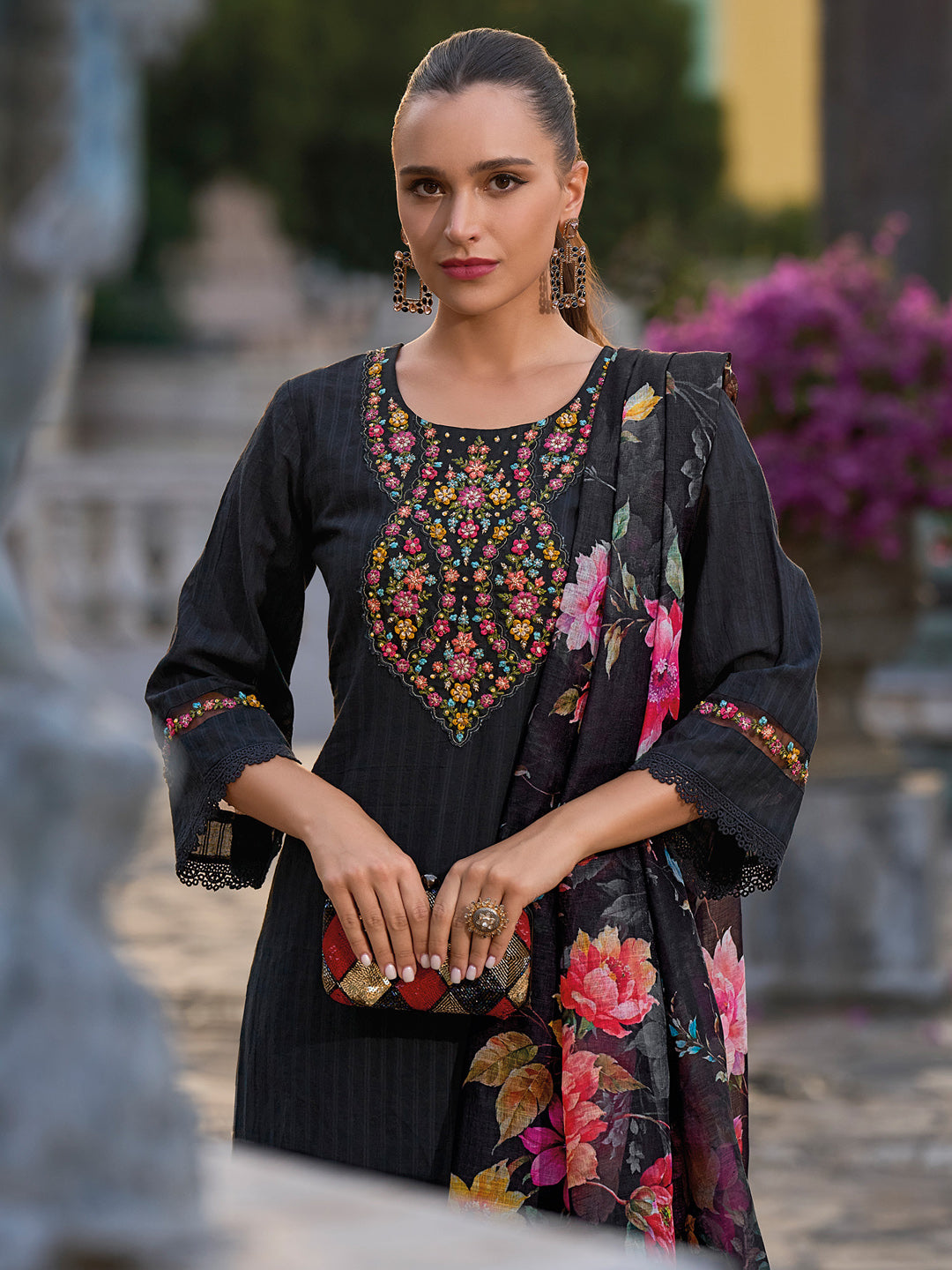 IE Black Embroidered Straight Kurta Trousers With Dupatta set