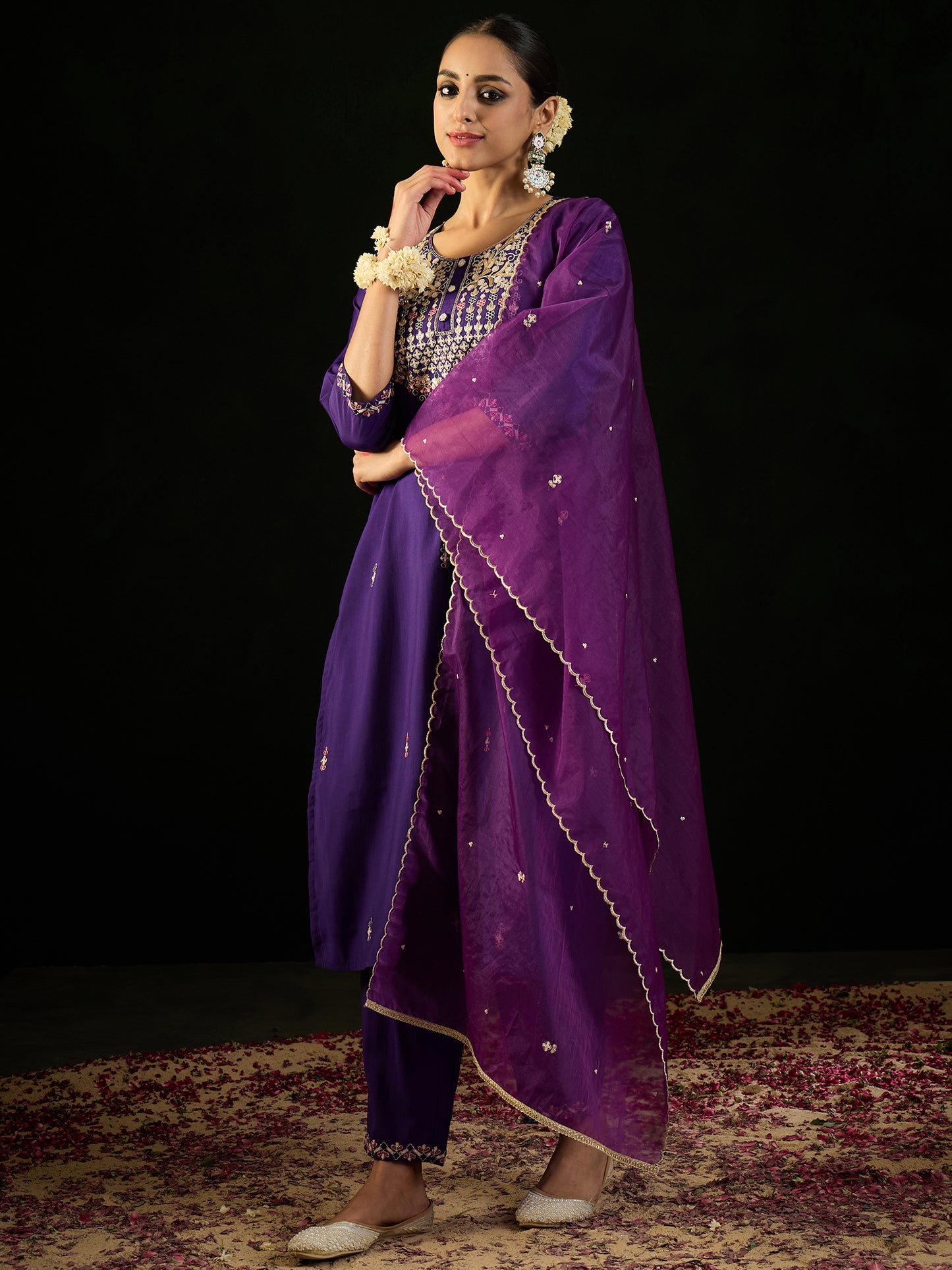 IE Purple Embroidered Straight Kurta Trousers With Dupatta Set