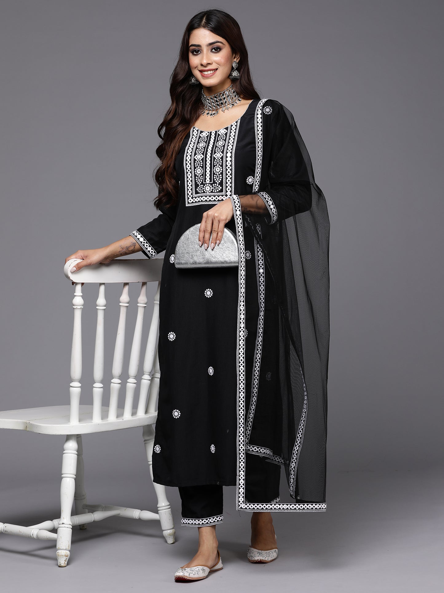 IE Black Embroidered Straight Kurta Trousers With Dupatta Set