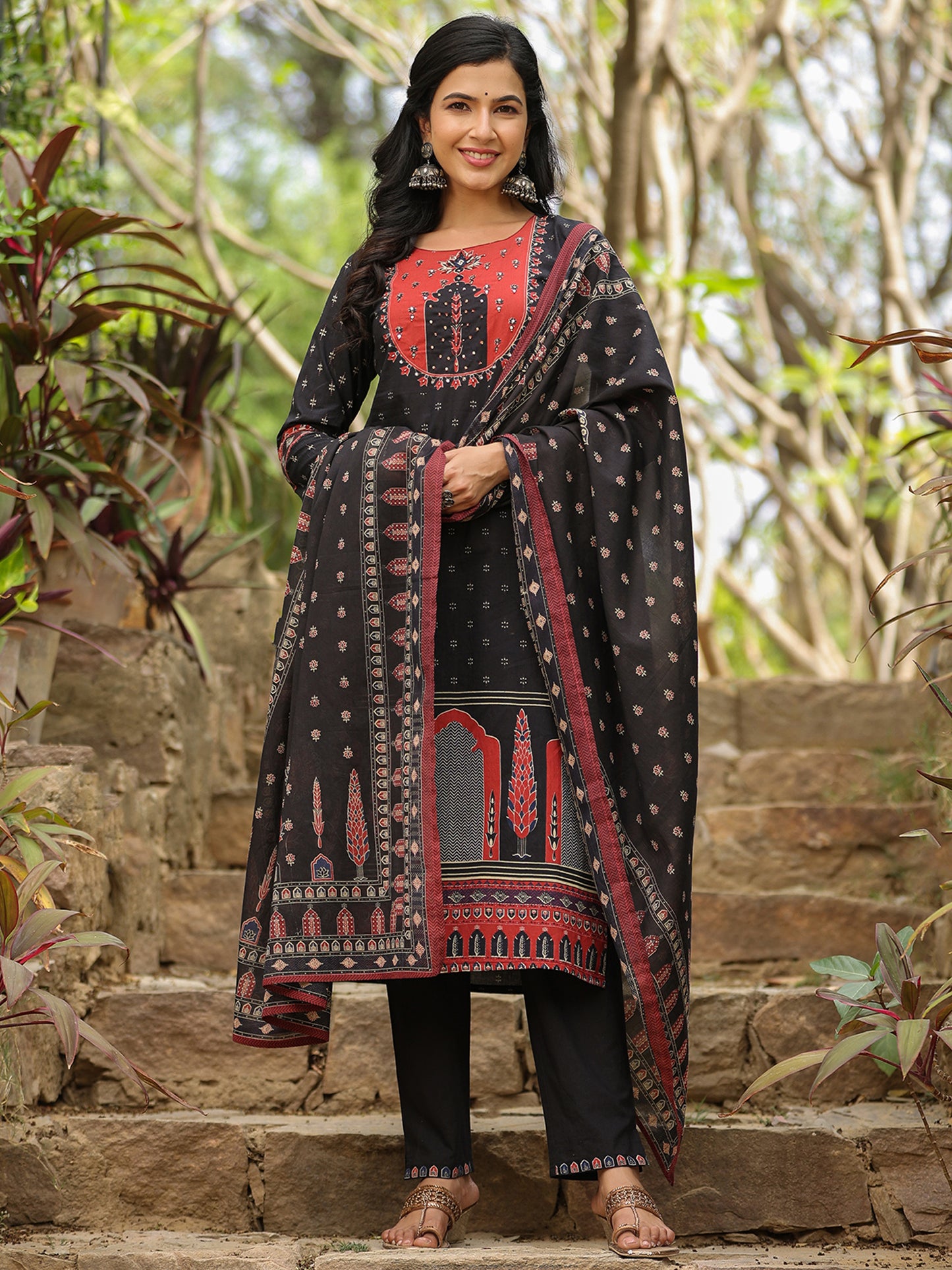 IE Black Printed Straight Kurta Trousers With Dupatta set