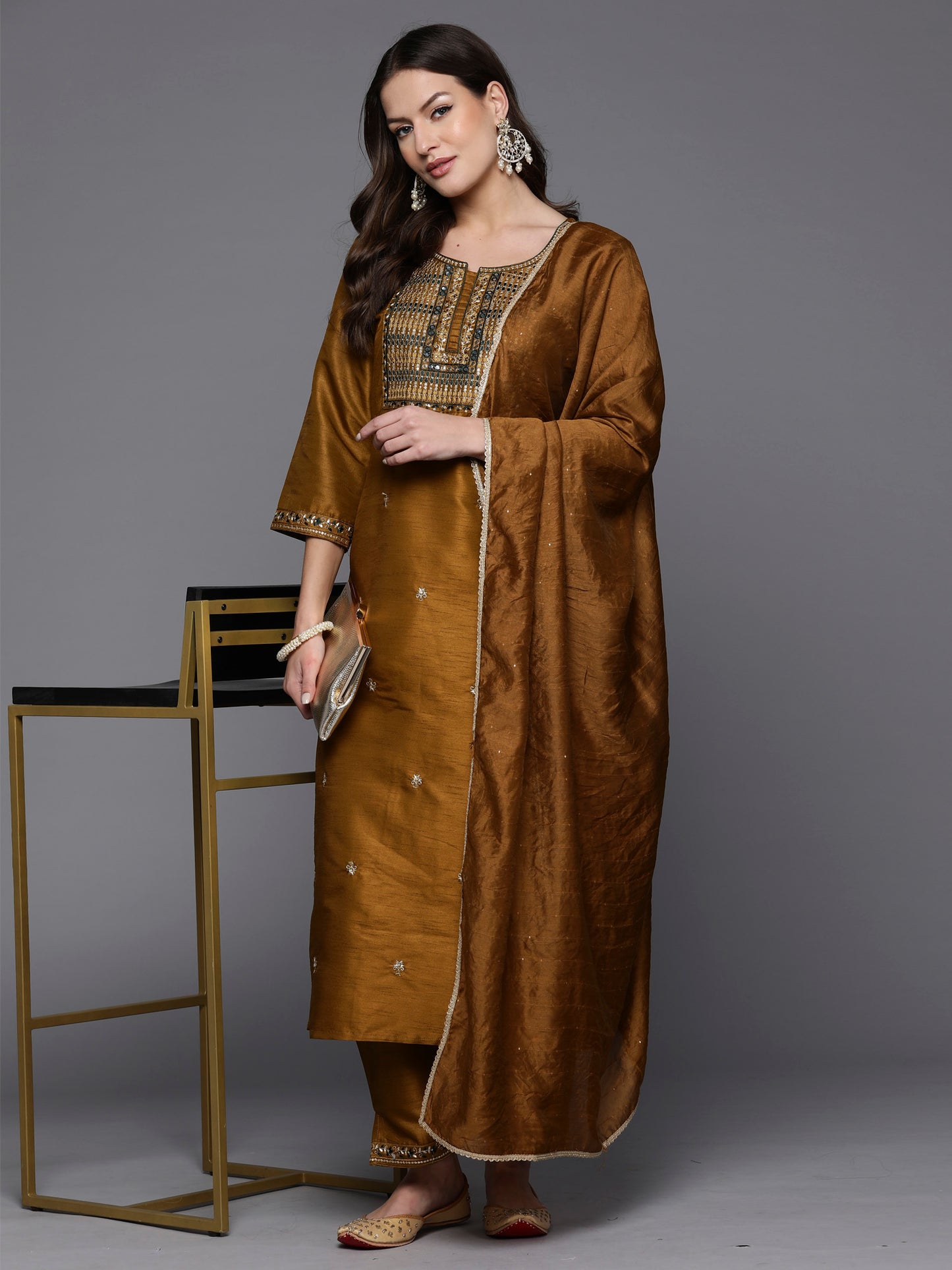 IE Mustard Embroidered Straight Kurta Trousers With Dupatta Set