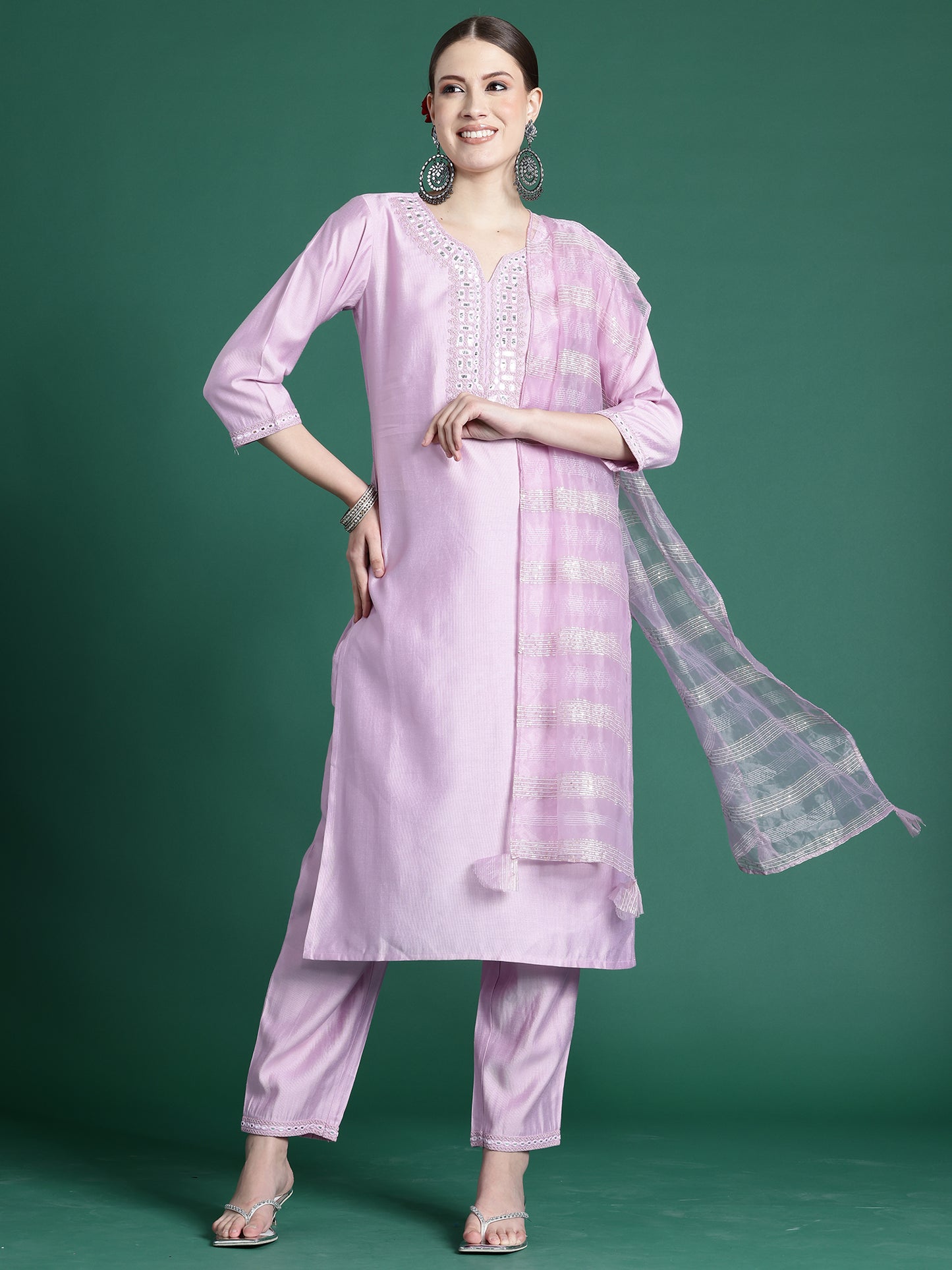 IE Lavender Embroidered Straight Kurta Trousers set