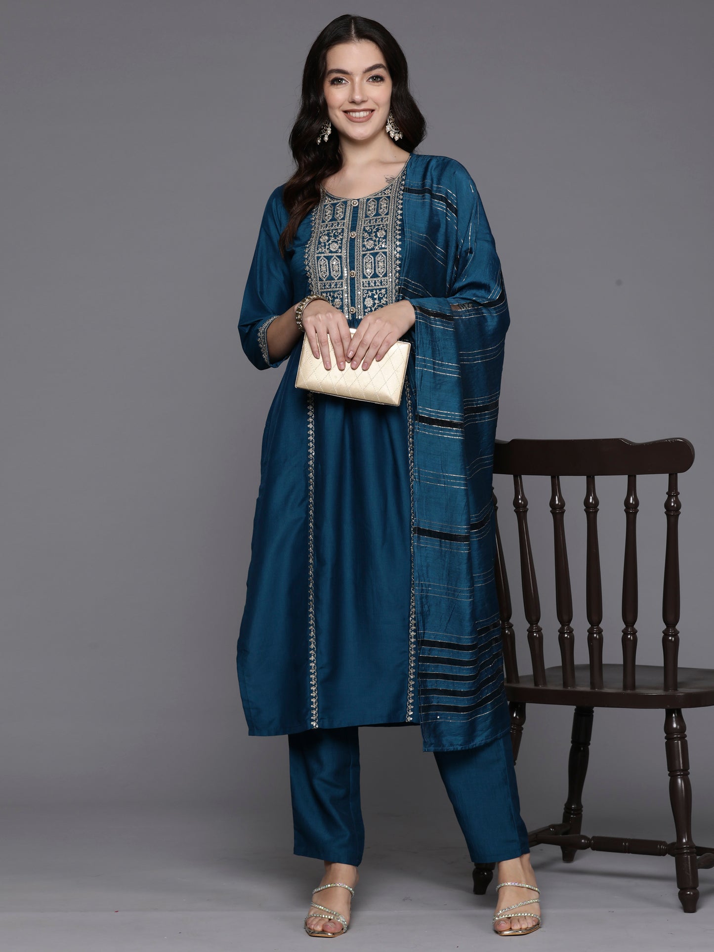 IE Teal Embroidered Straight Kurta Trousers With Dupatta Set