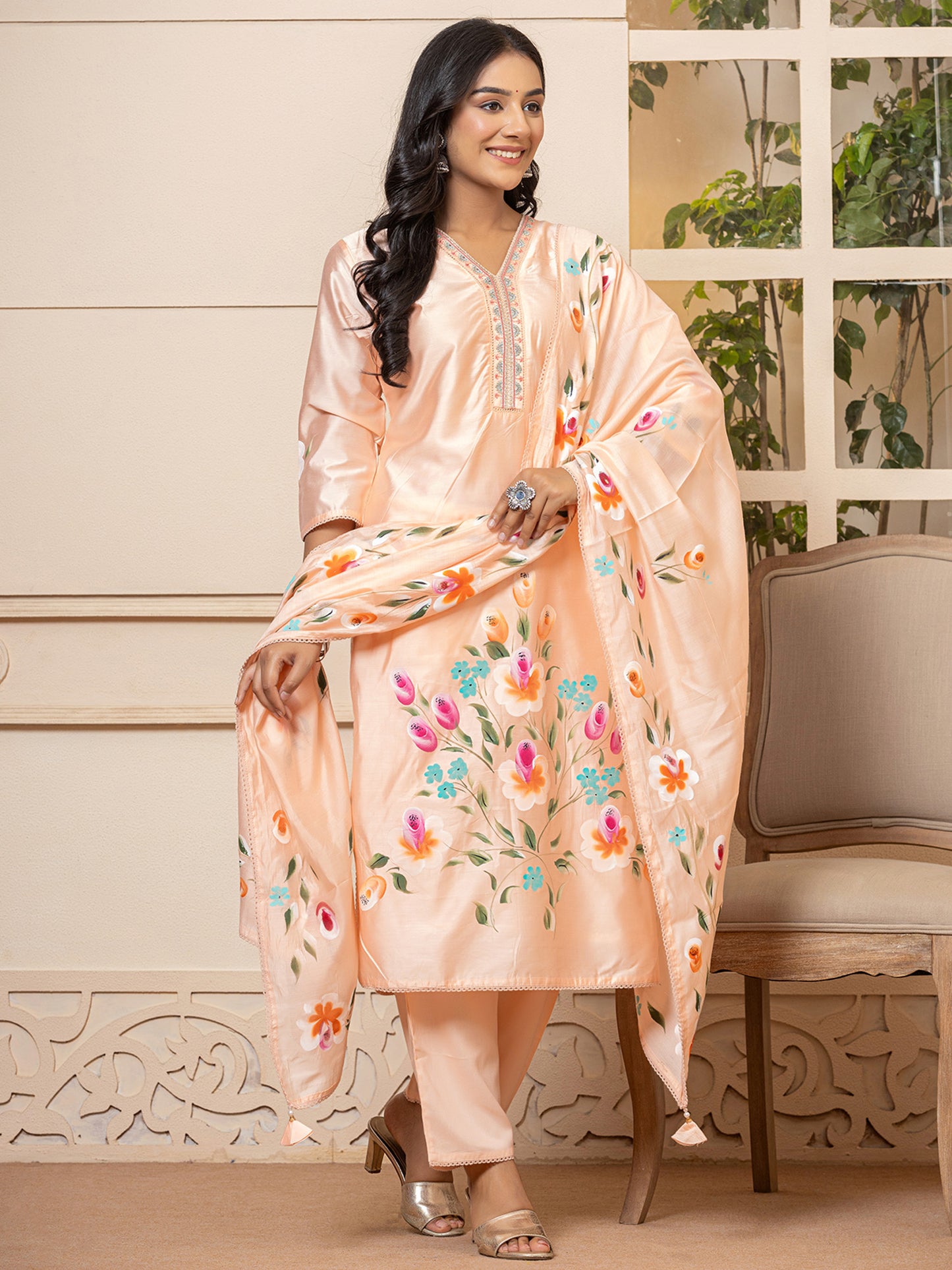 IE Peach Printed Straight Kurta Trousers With Dupatta set