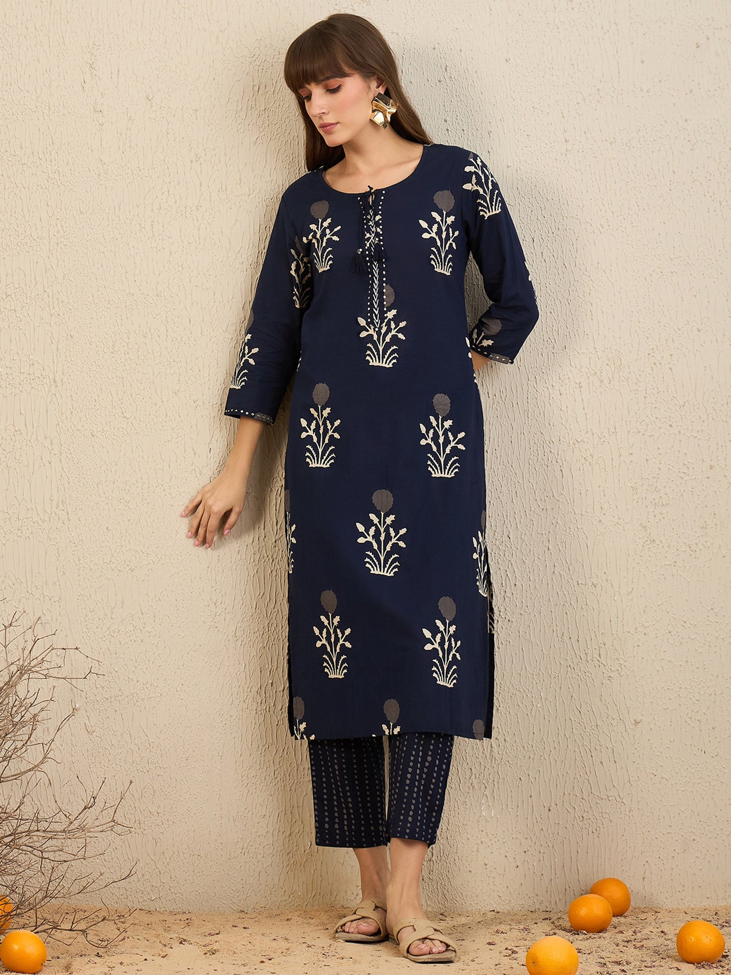 IE Navy Blue Printed Straight Kurta Trousers With Dupatta Set