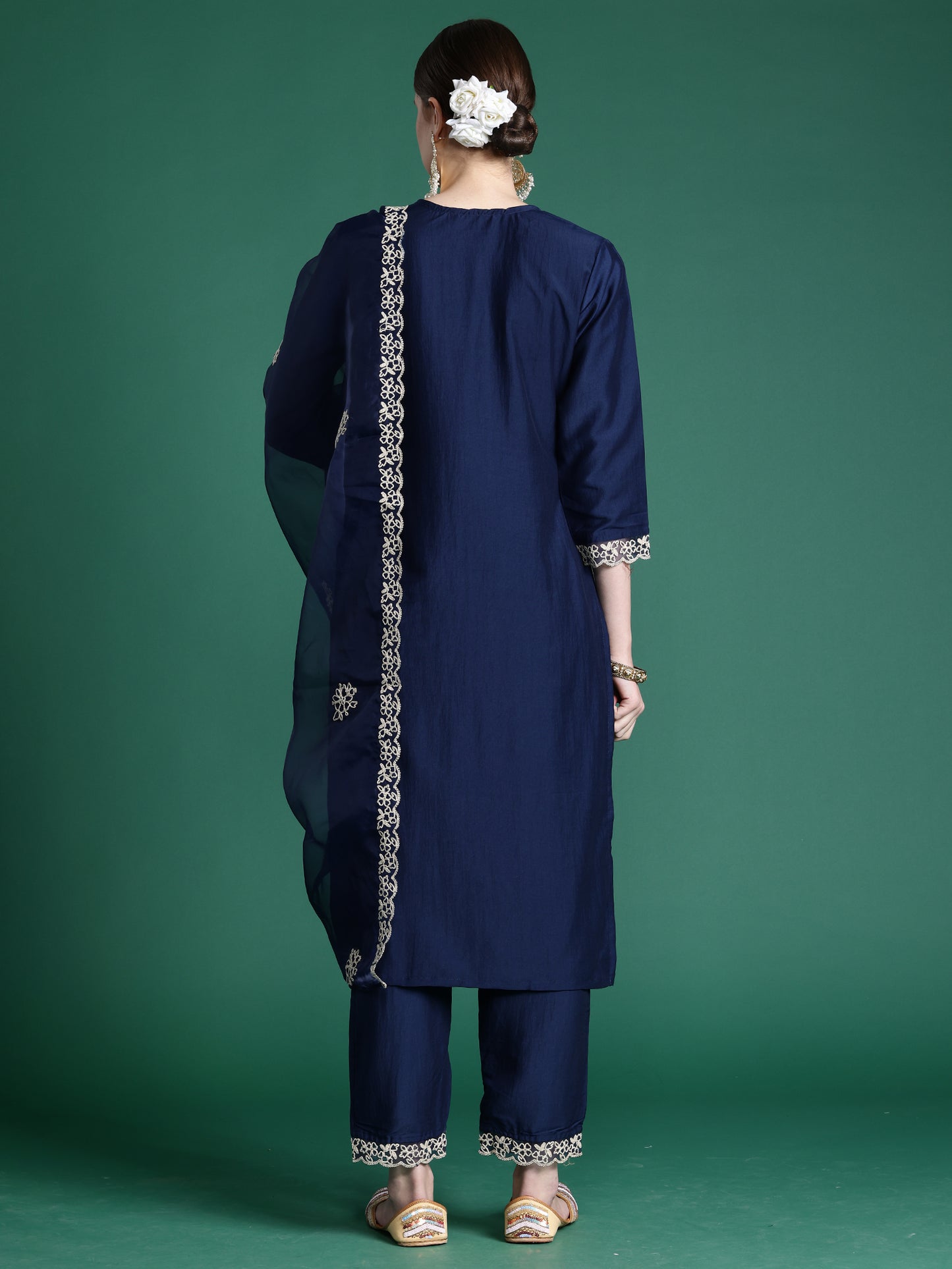 IE Blue Embroidered Straight Kurta Trousers With Dupatta Set