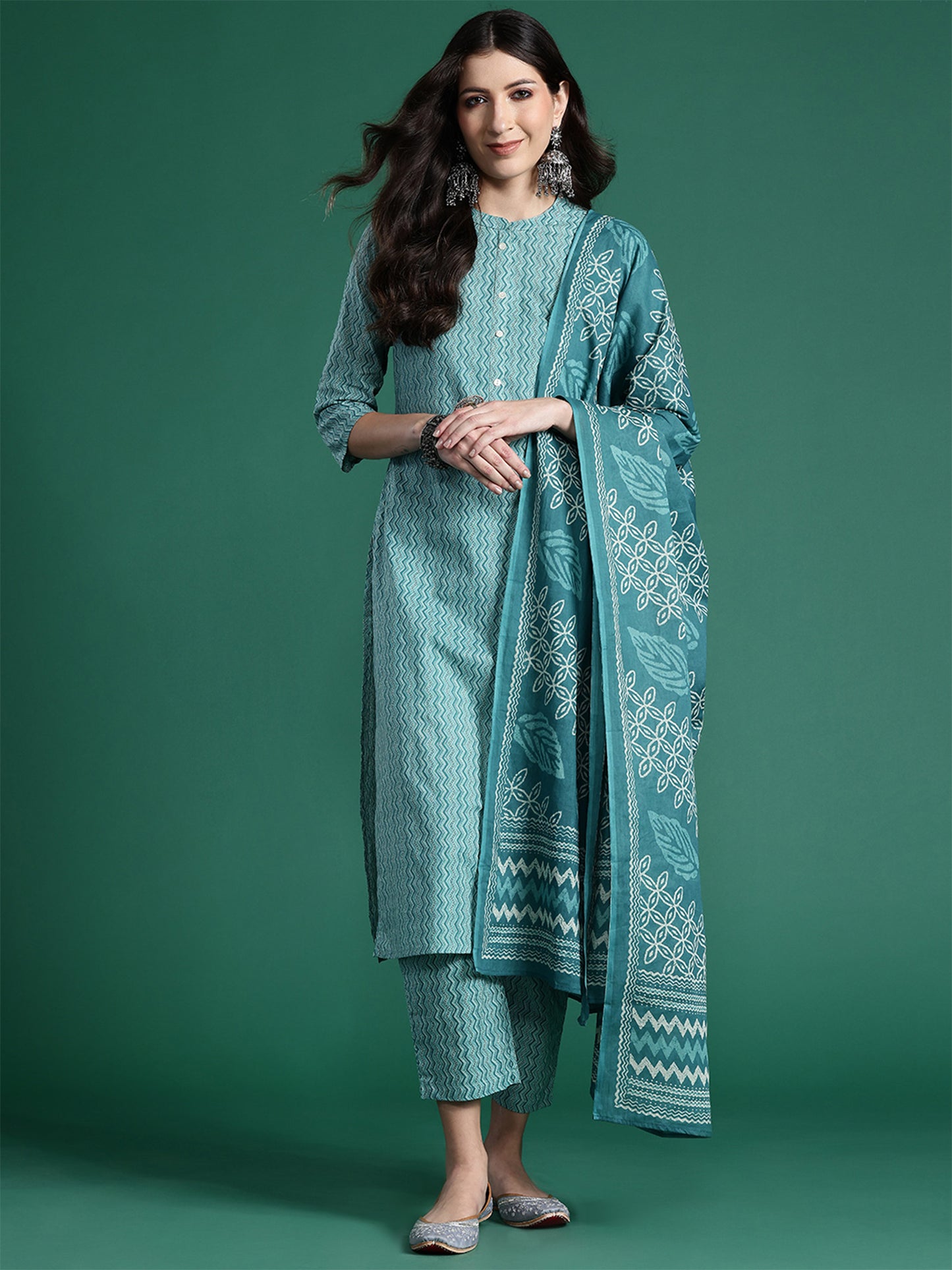 IE Blue Printed Straight Kurta Trousers With Dupatta set