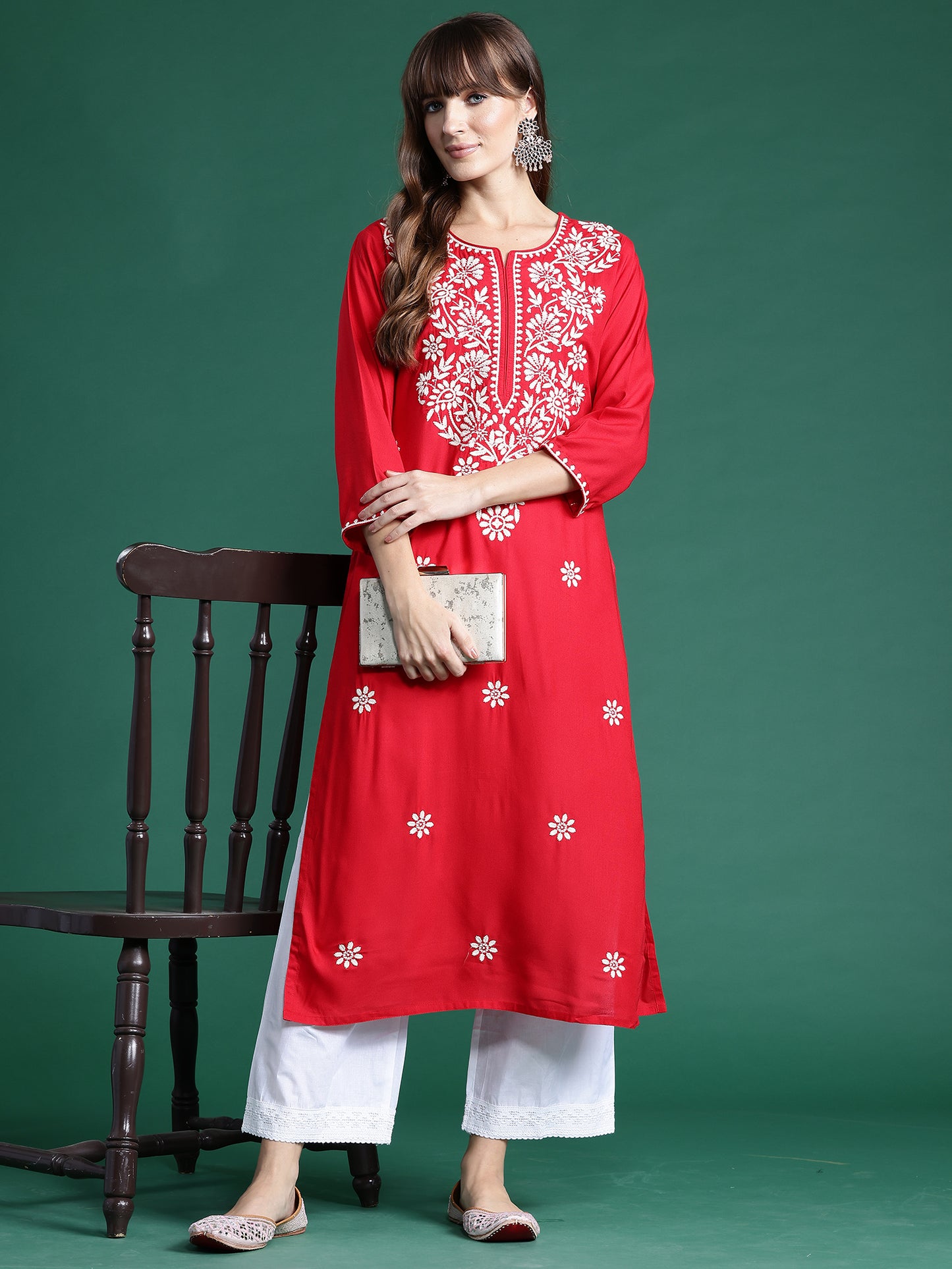 IE Red Embroidered Straight Kurtas