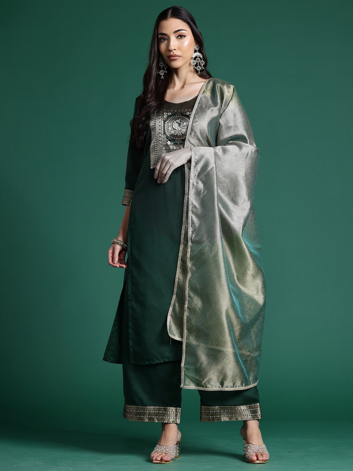 IE Green Yoke Design  Straight Kurta Palazzos With Dupatta set