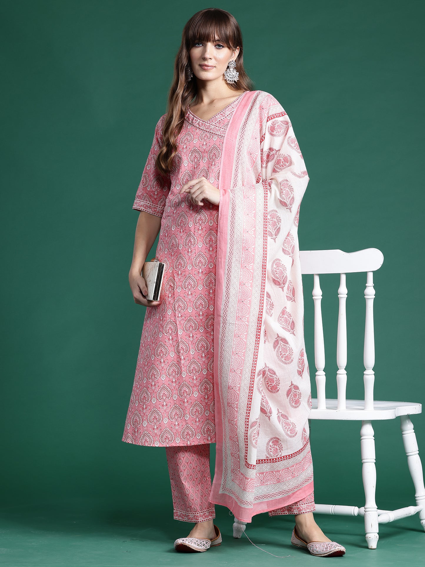 IE Pink Printed A-Line Kurta Trousers With Dupatta set