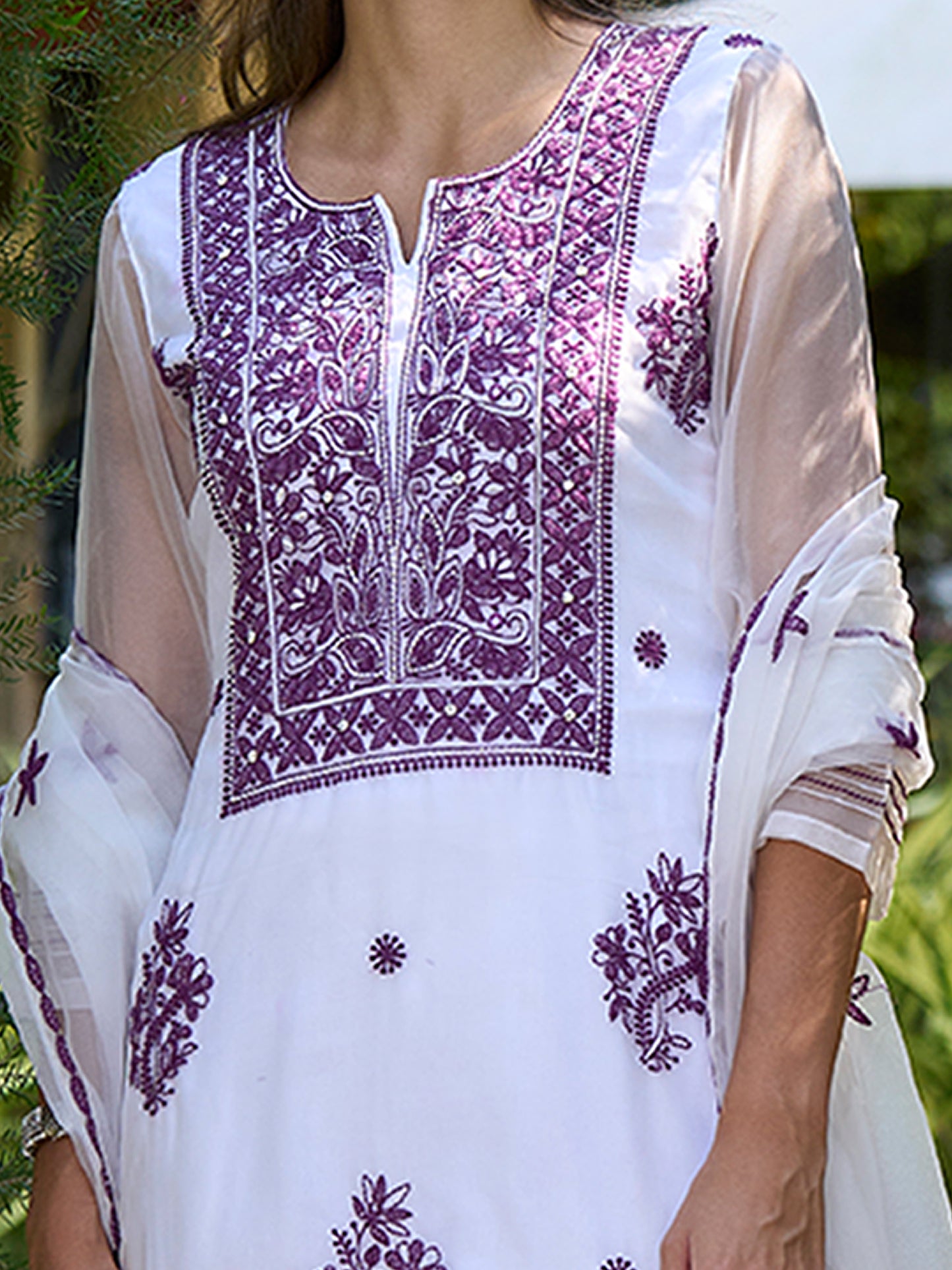 IE White Embroidered Straight Kurta Trousers With Dupatta set