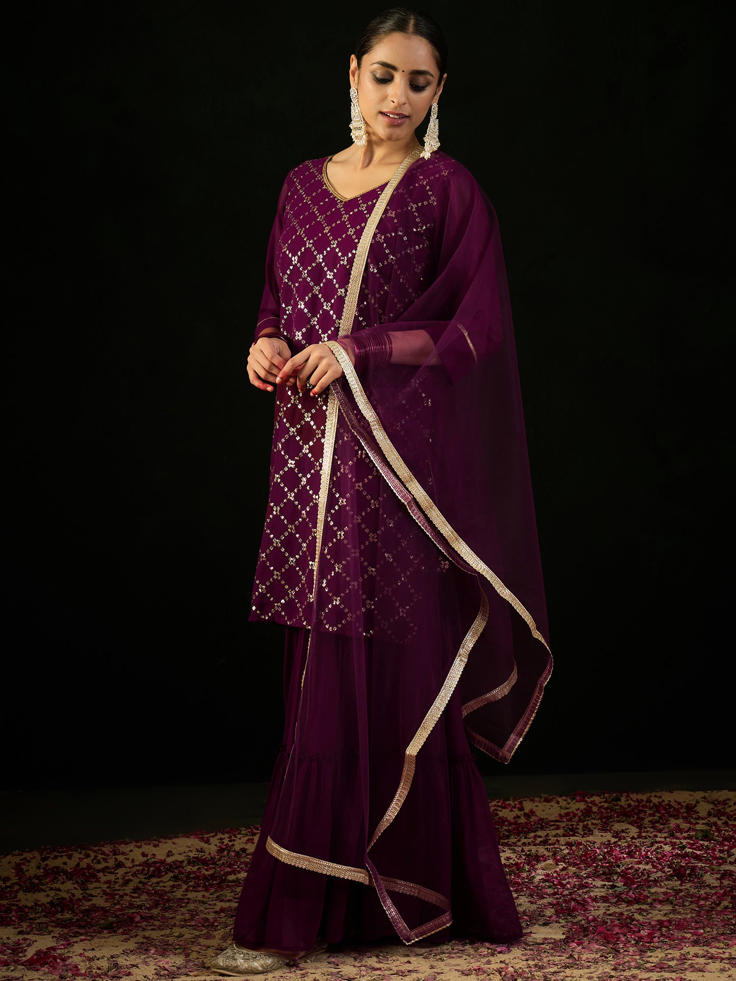 IE Burgundy Embroidered Straight Kurta Sharara With Dupatta set