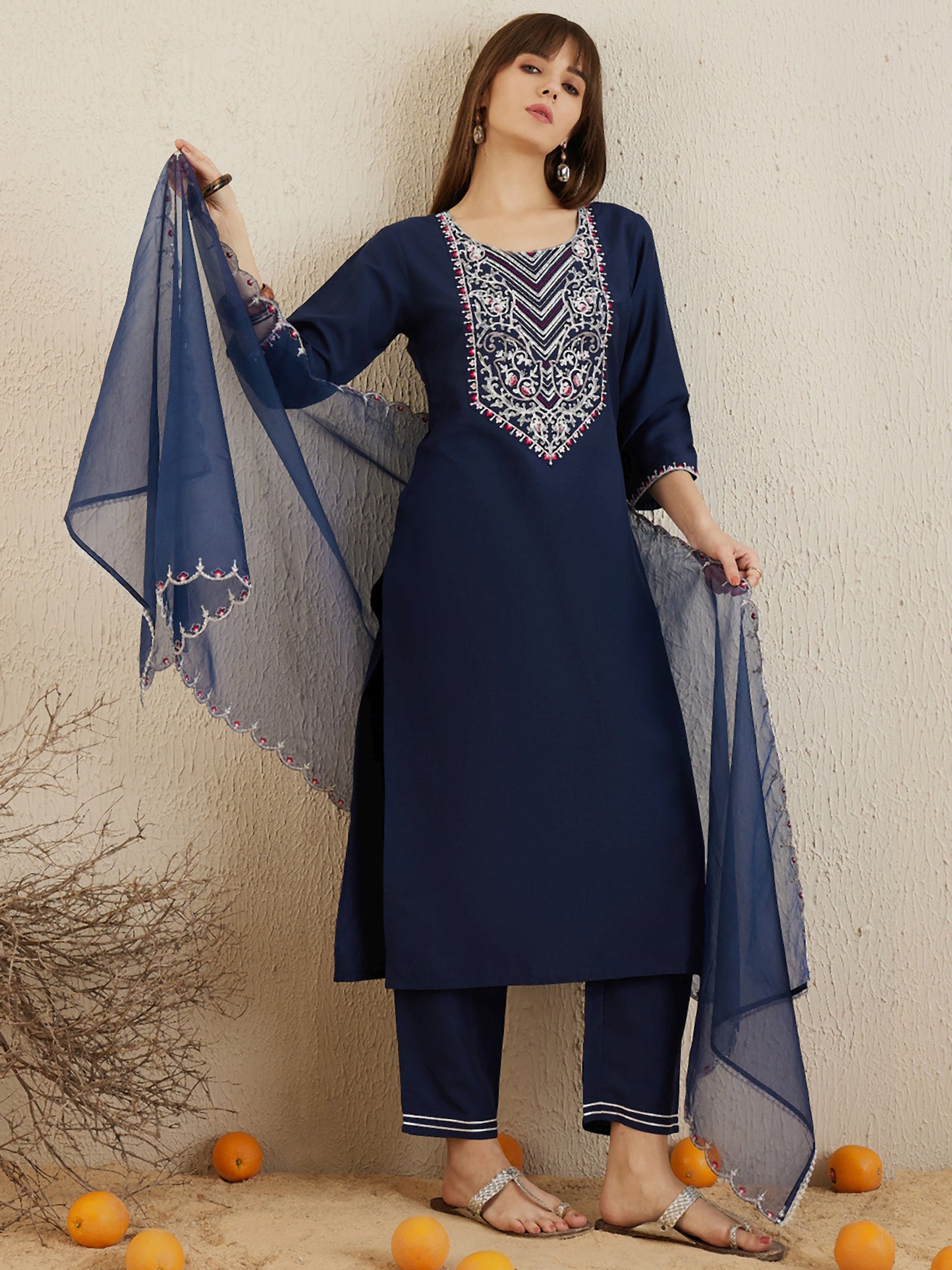 IE Navy Blue Embroidered Straight Kurta Trousers With Dupatta set