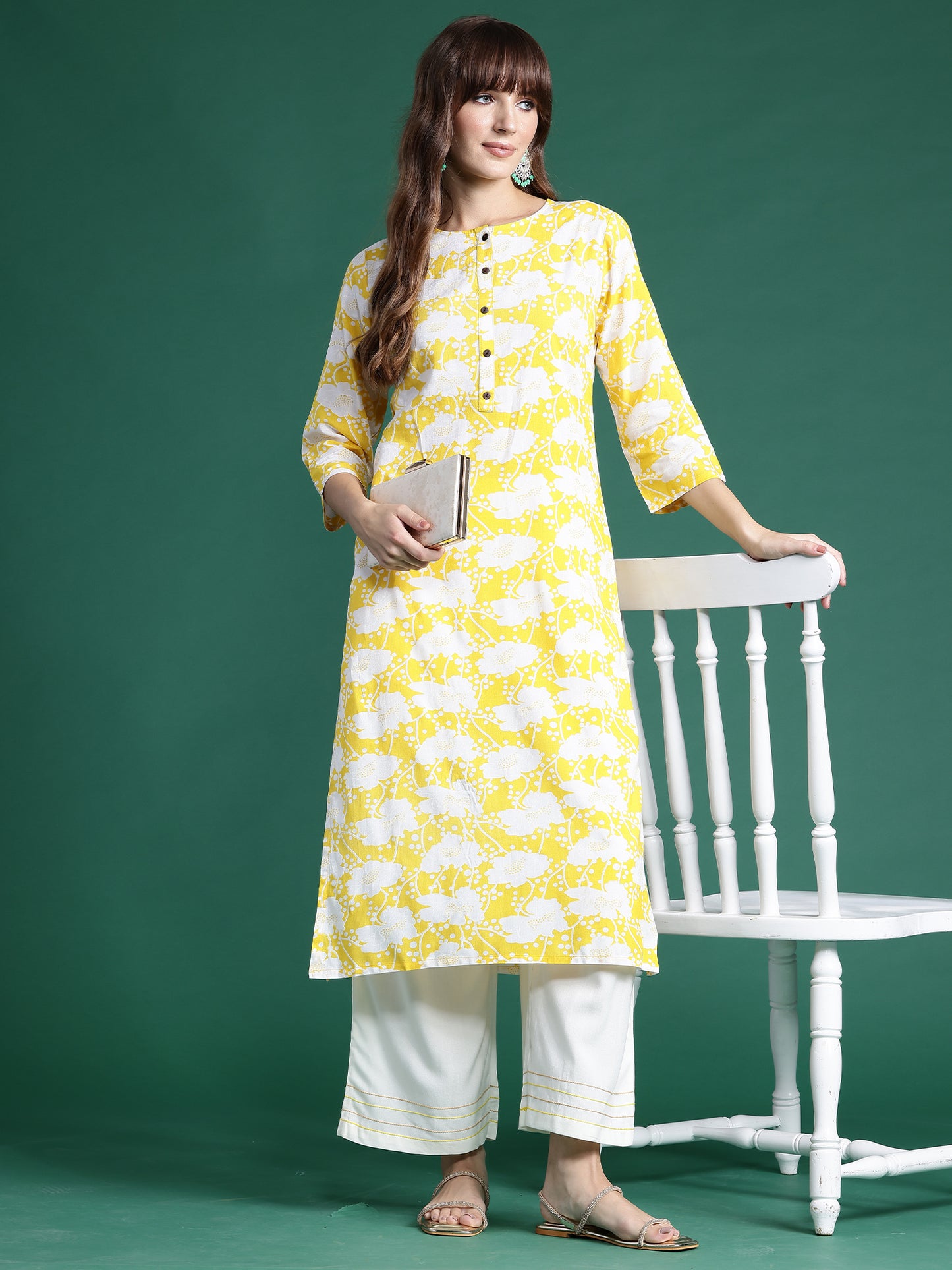 IE Yellow Printed Straight Kurtas