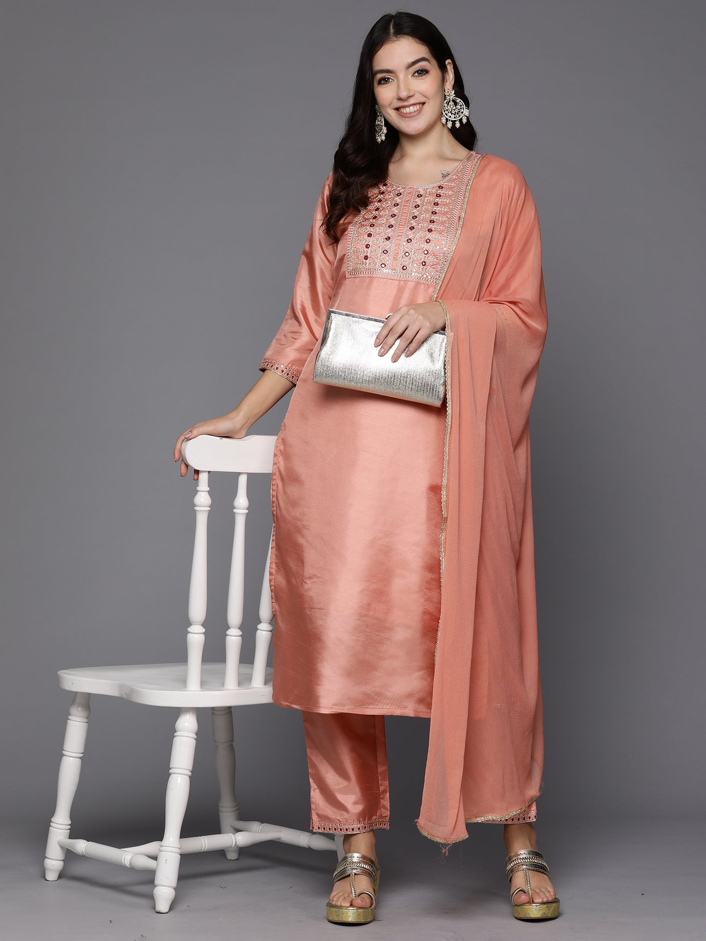 IE Peach Embroidered Straight Kurta Trousers With Dupatta Set