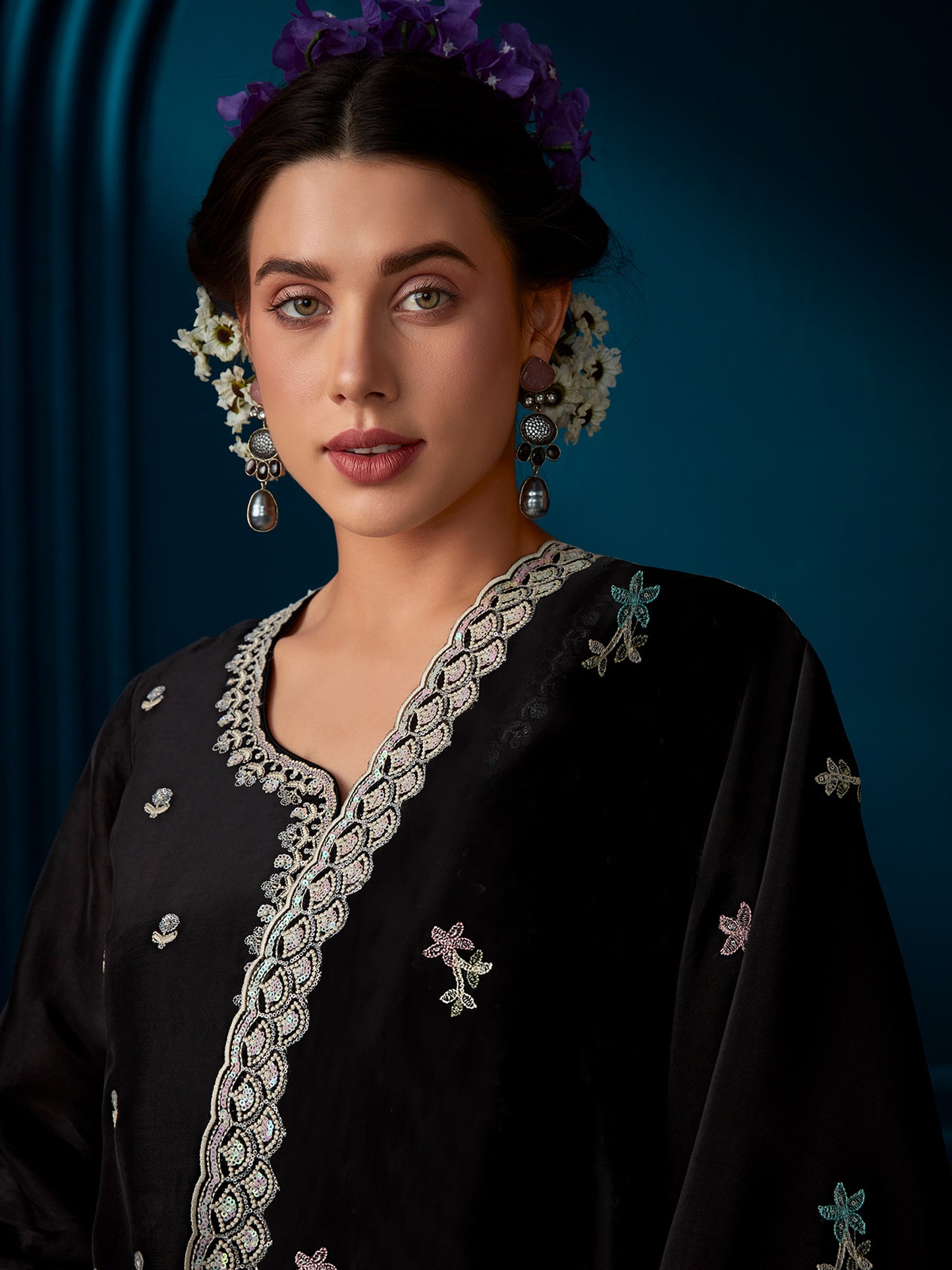 IE Black Straight Embroidered Kurta Trousers With Dupatta Set