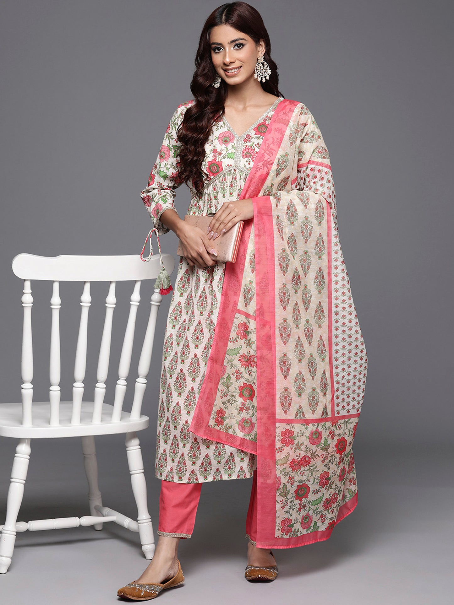 IE Off White Printed A-Line Kurta Trousers With Dupatta Set