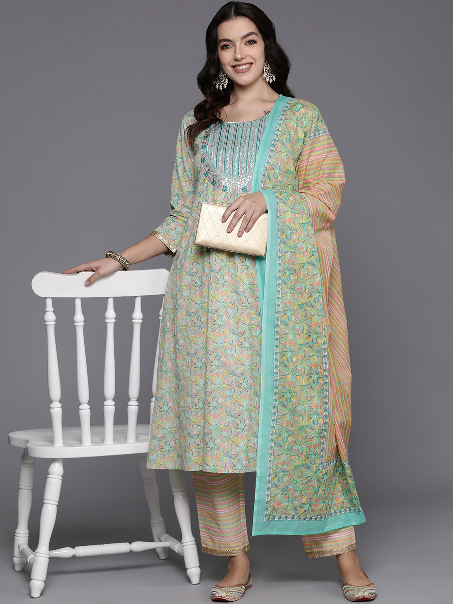 IE Sea Green Embroidered A-Line Kurta Trousers With Dupatta Set