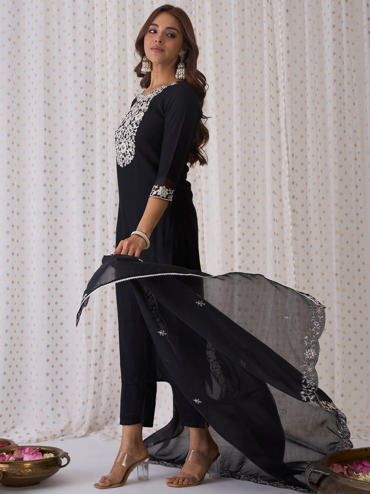 IE Black Embroidered Straight Kurta Trousers With Dupatta  Set