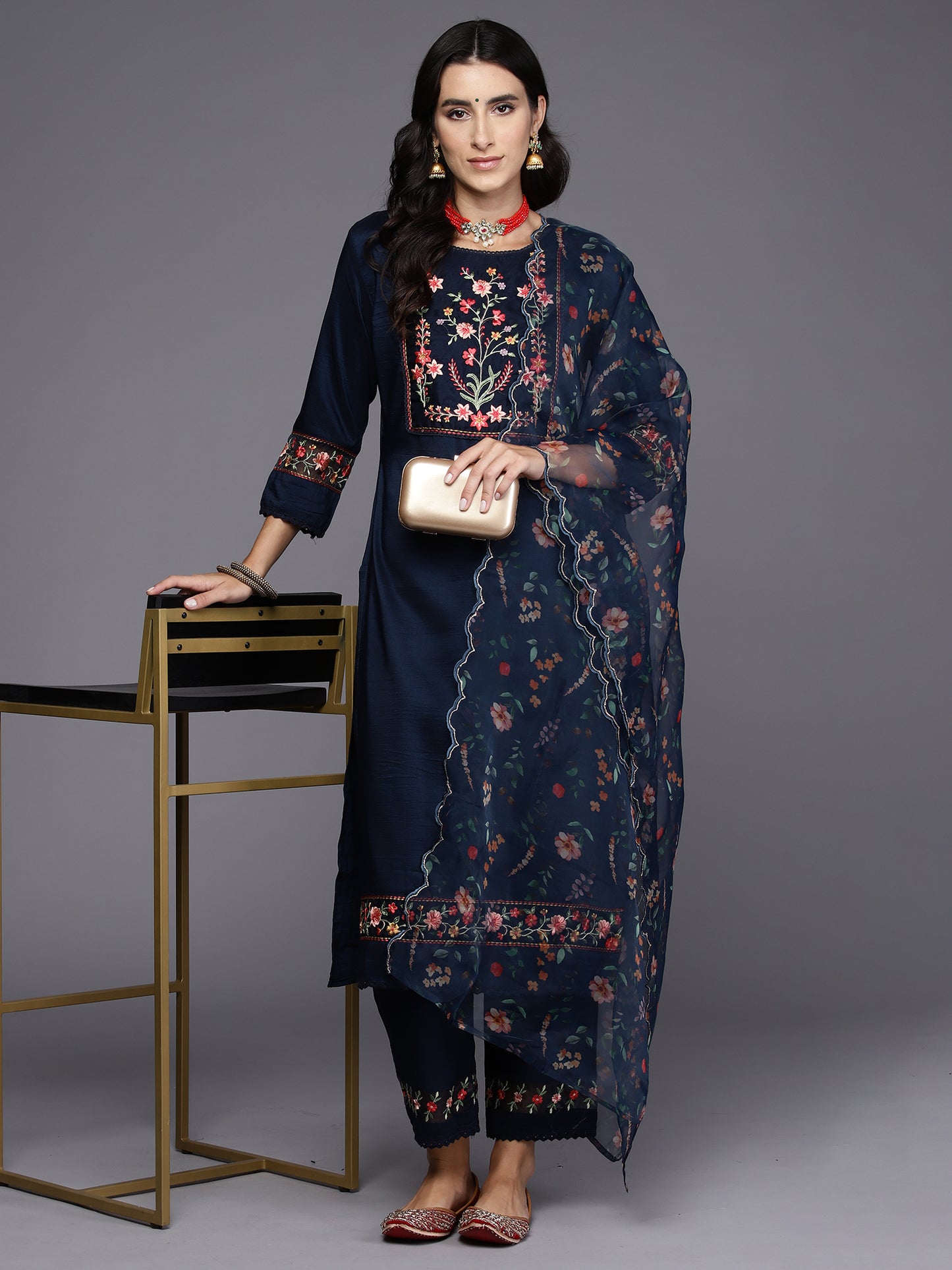 IE Blue Embroidered Straight Kurta Trousers With Dupatta Set