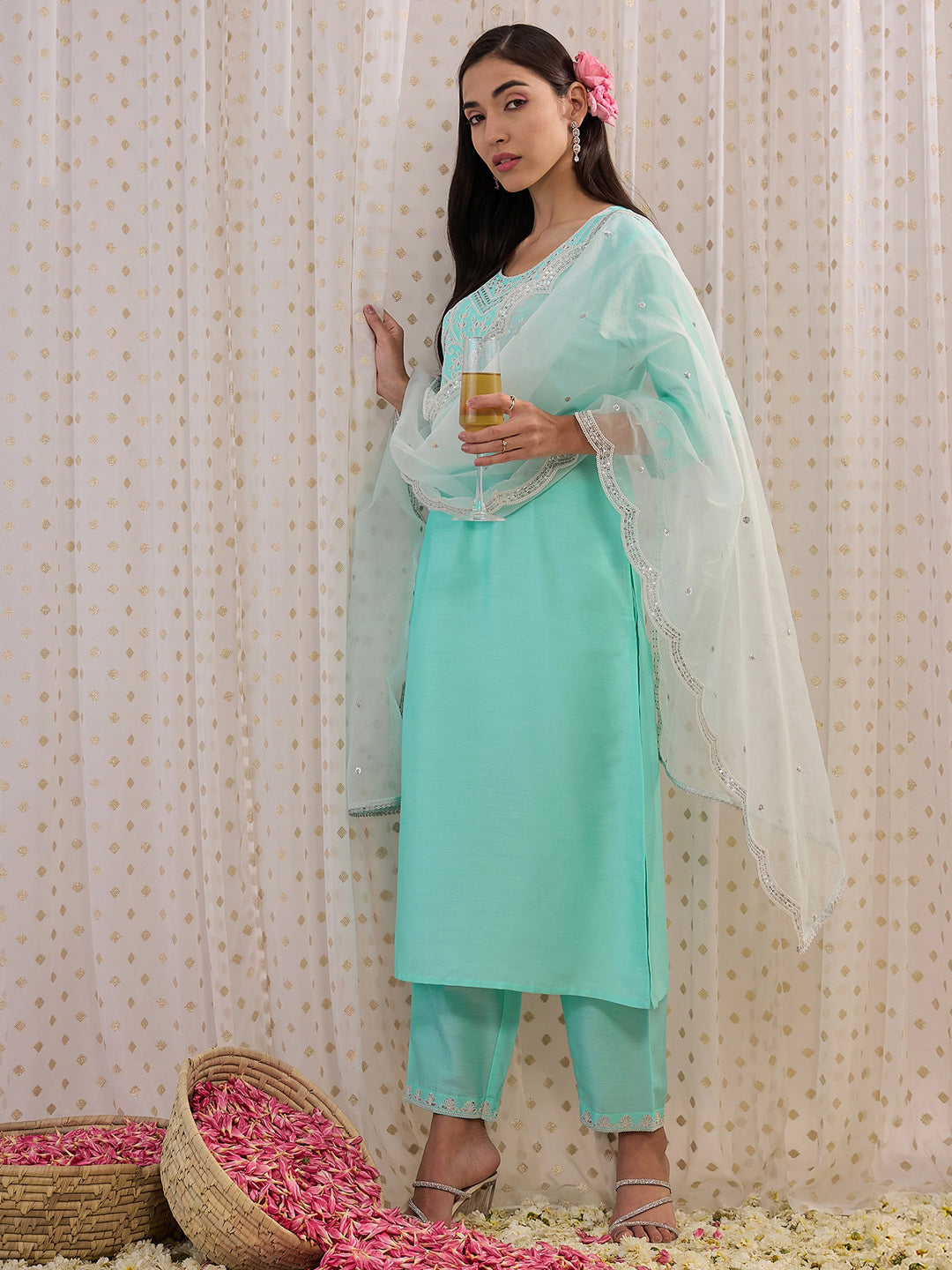 IE Blue Embroidered Straight Kurta Trousers With Dupatta set