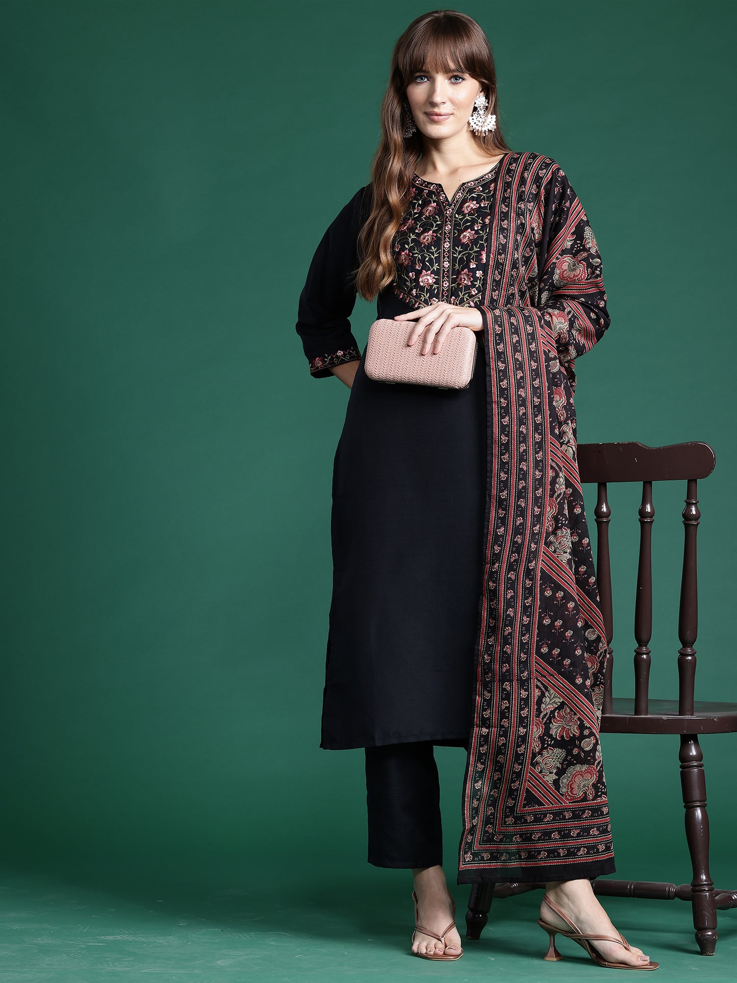 IE Black Embroidered Straight Kurta Trousers With Dupatta  Set