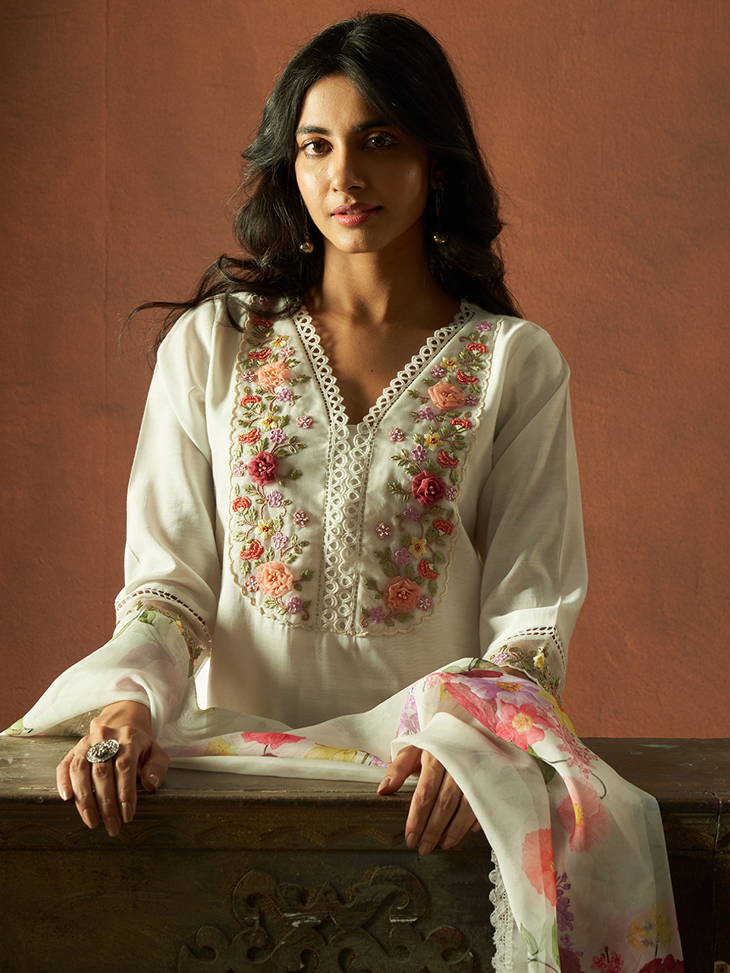 IE White Embroidered Straight Kurta Trousers With Dupatta set