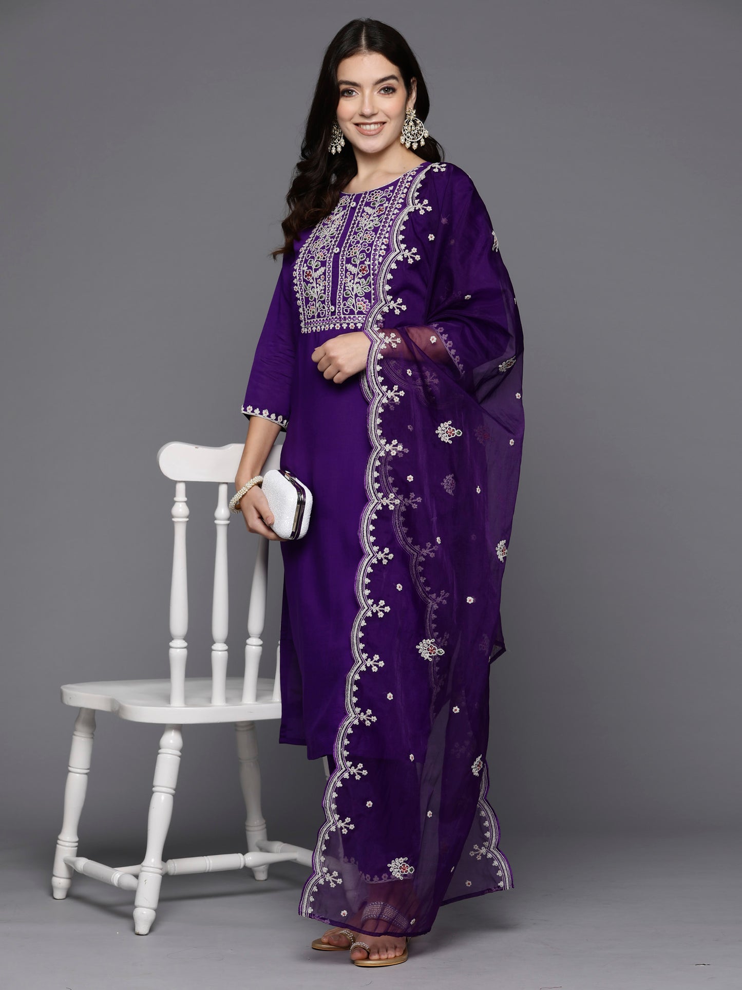 IE Purple Embroidered Straight Kurta Trousers With Dupatta set