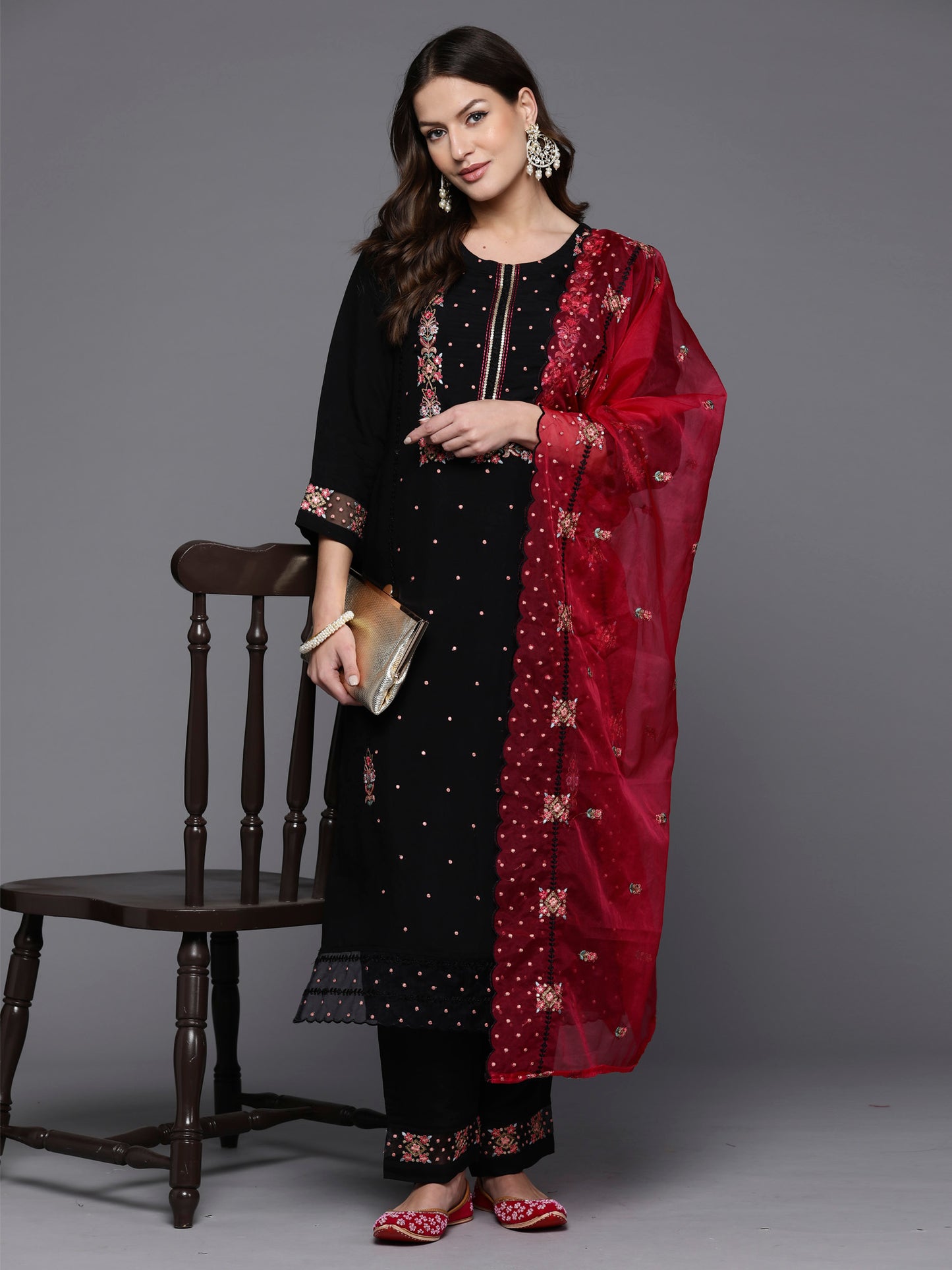 IE Black Embroidered Straight Kurta Trousers With Dupatta set