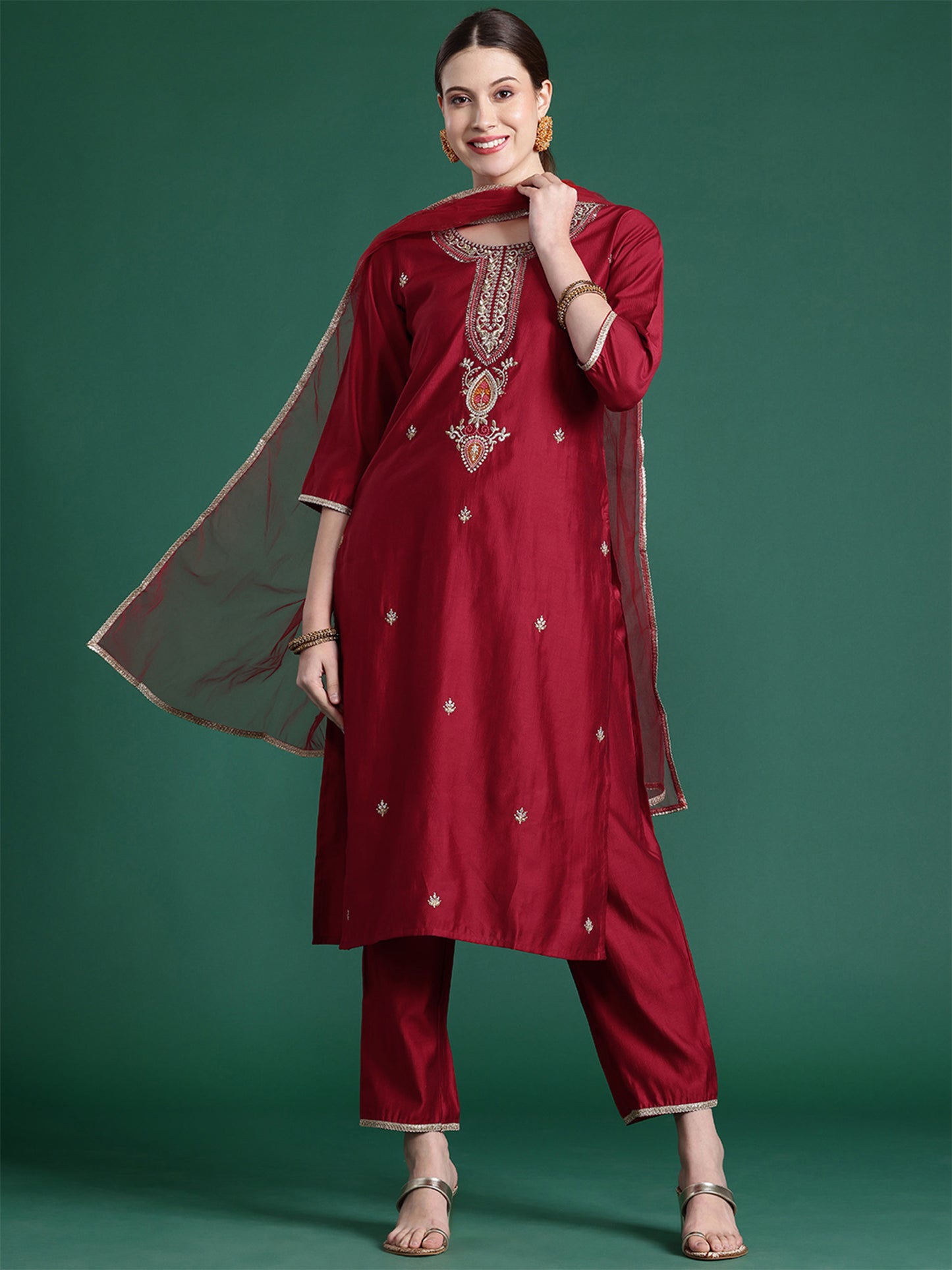 IE Red Embroidered Straight Kurta Trousers With Dupatta  Set