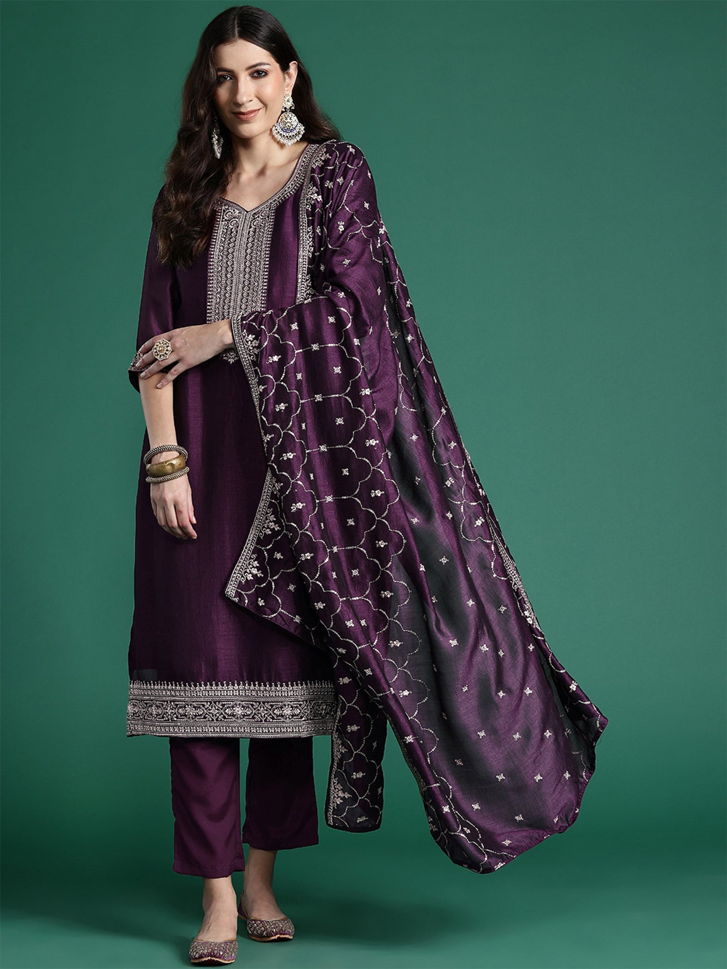 IE Purple Embroidered Straight Kurta Trousers With Dupatta set