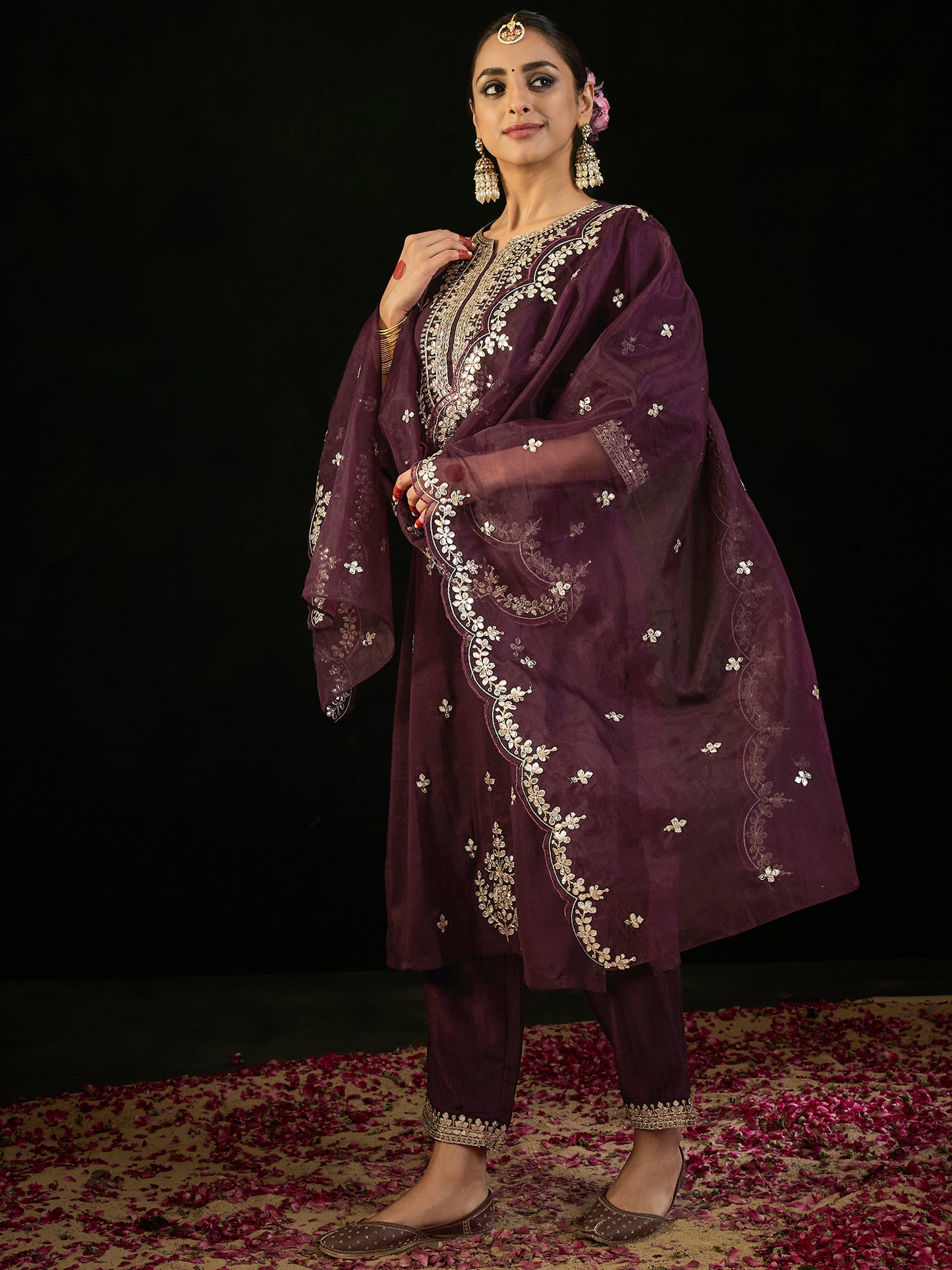 IE Burgundy Embroidered Straight Kurta Trousers With Dupatta set