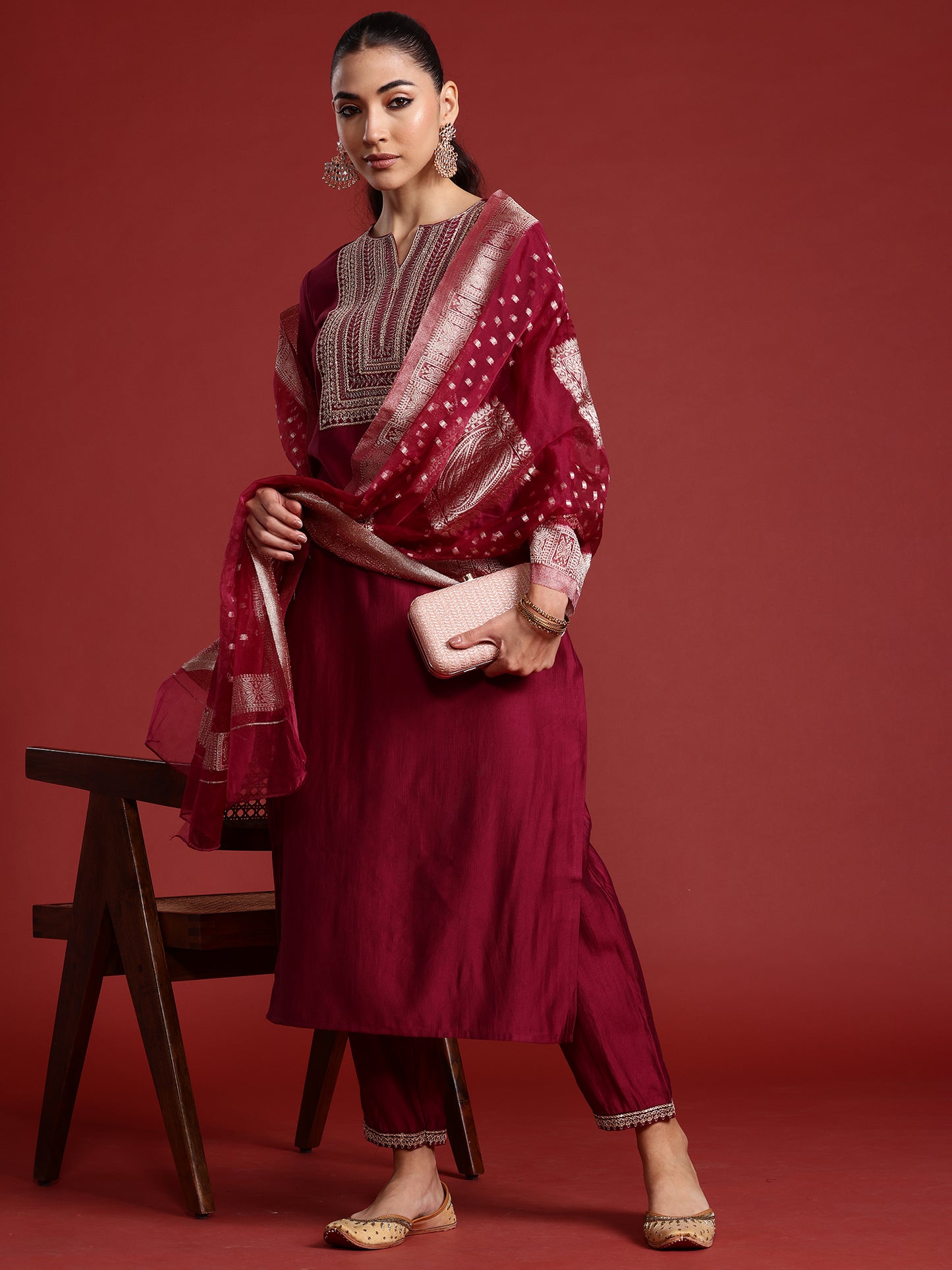 IE Burgundy Embroidered Straight Kurta Trousers With Dupatta Set